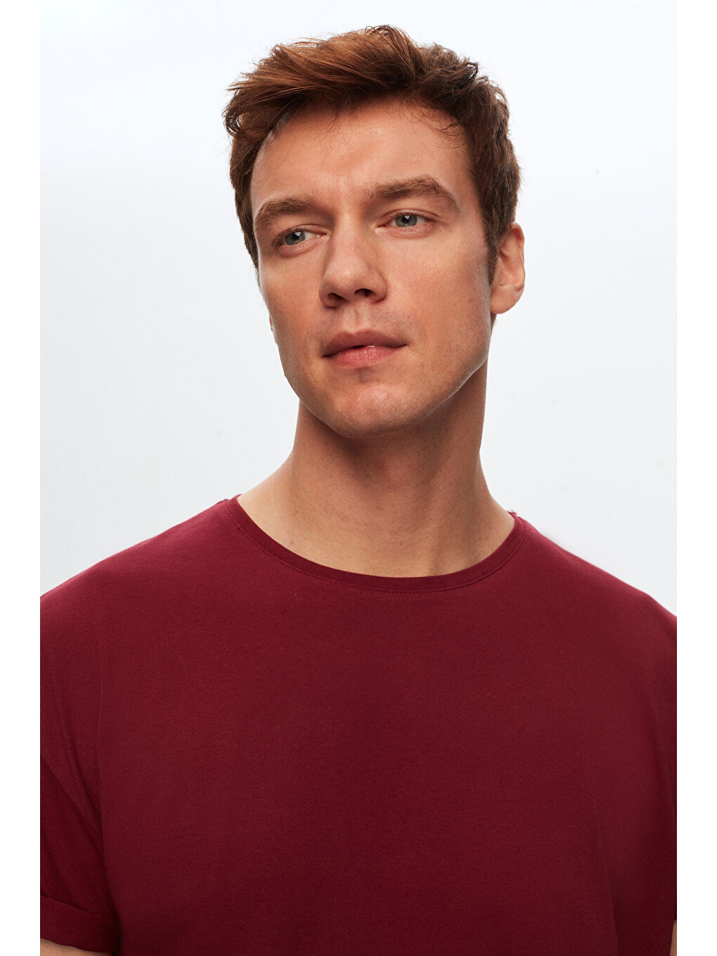 Oversize Bordo Bisiklet Yaka %100 Pamuk Tişört-2