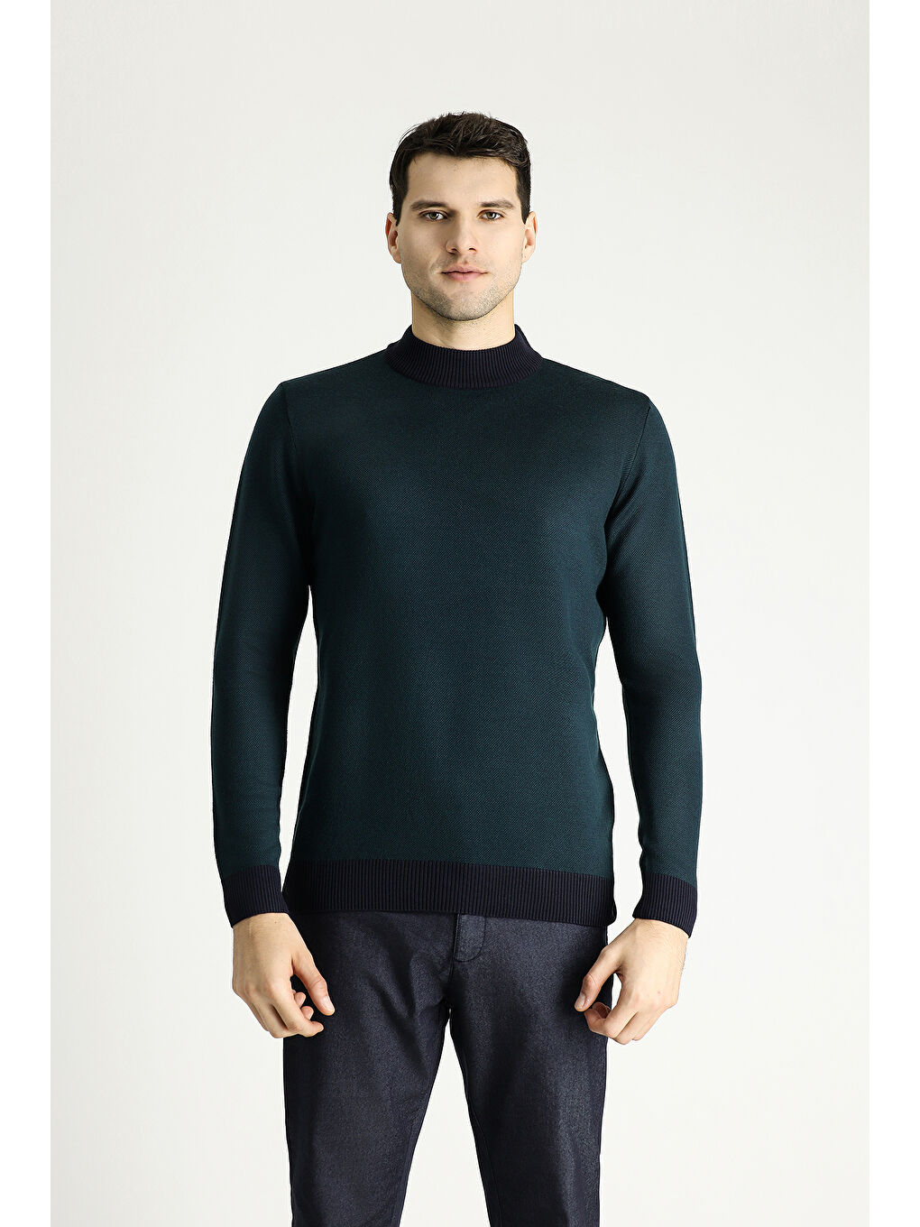 Lacivert Bato Yaka Slim Fit Dar Kesim Desenli Triko Kazak-2