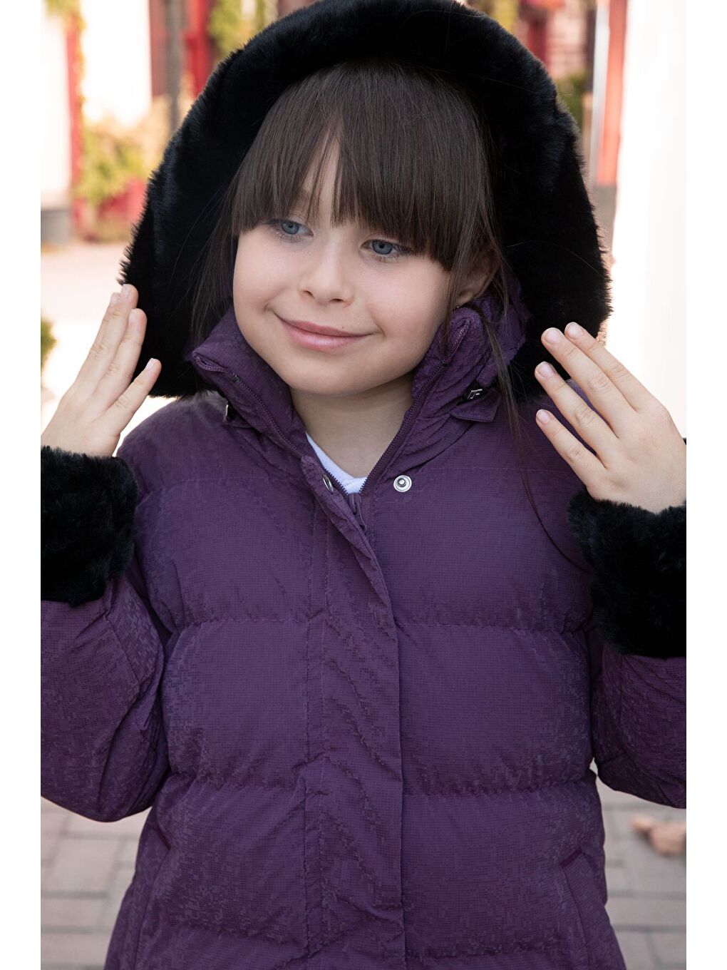 Mor Kolu Kürk Detaylı İçi Yünlü Kız Çocuk Kapüşonlu Şişme Mont 21327-3
