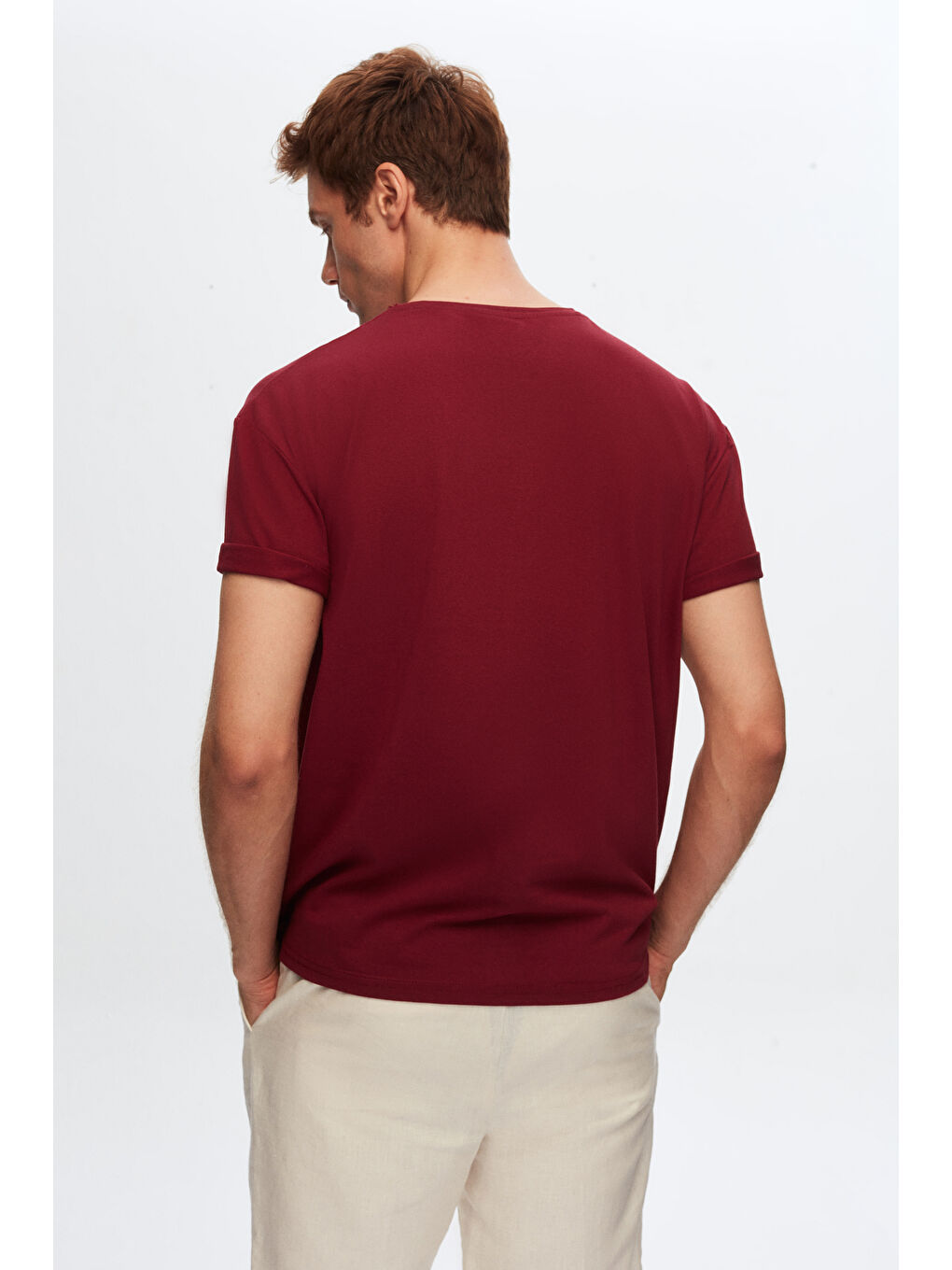 Oversize Bordo Bisiklet Yaka %100 Pamuk Tişört-3