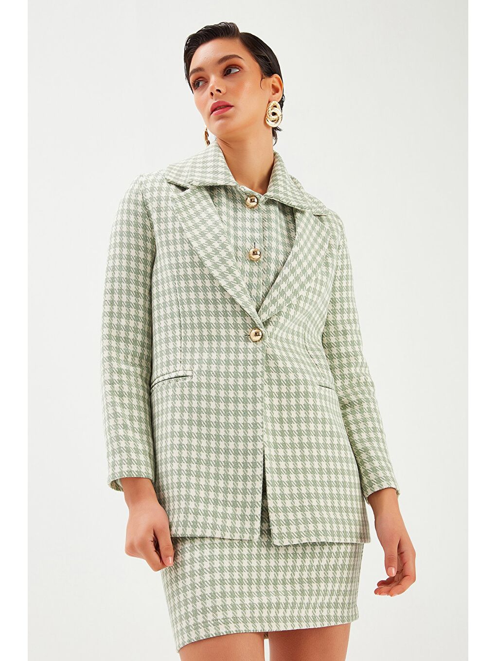 Kazayağı Desenli Ceket - Çağla Yeşili