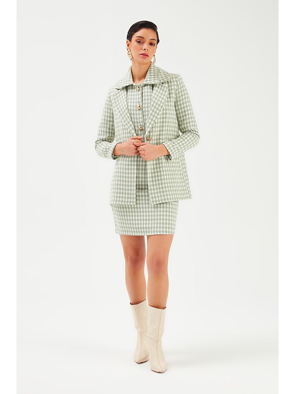 Kazayağı Desenli Ceket - Çağla Yeşili-3