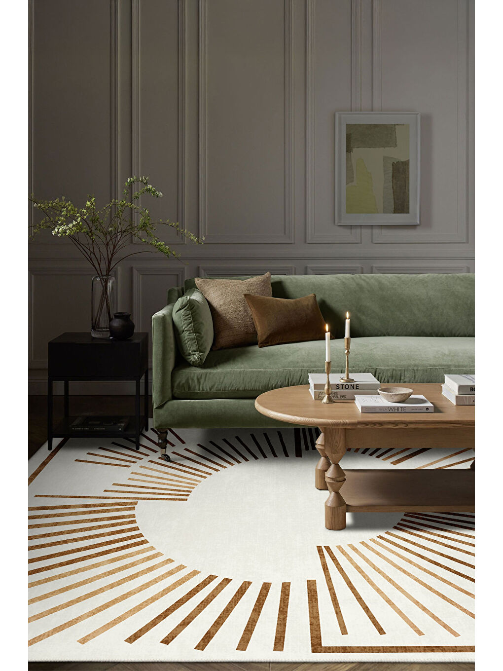 Bej Dekoratif Özel Tasarım Yıkanabilir İnce Kaymaz Tabanlı Modern Halı KECE FR49-1