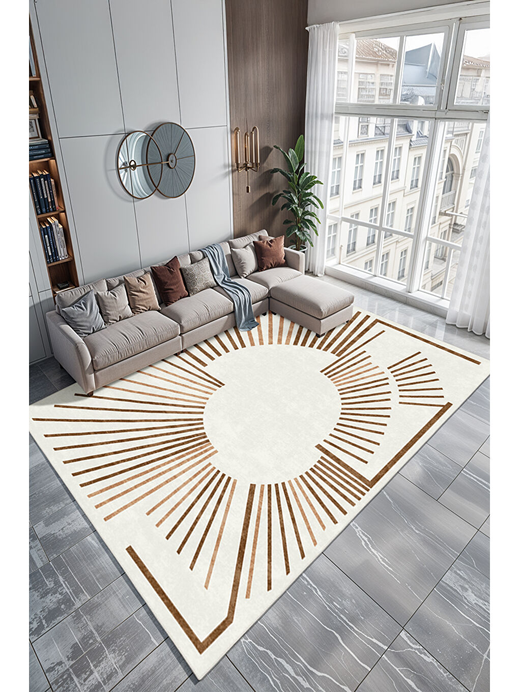 Bej Dekoratif Özel Tasarım Yıkanabilir İnce Kaymaz Tabanlı Modern Halı KECE FR49-2