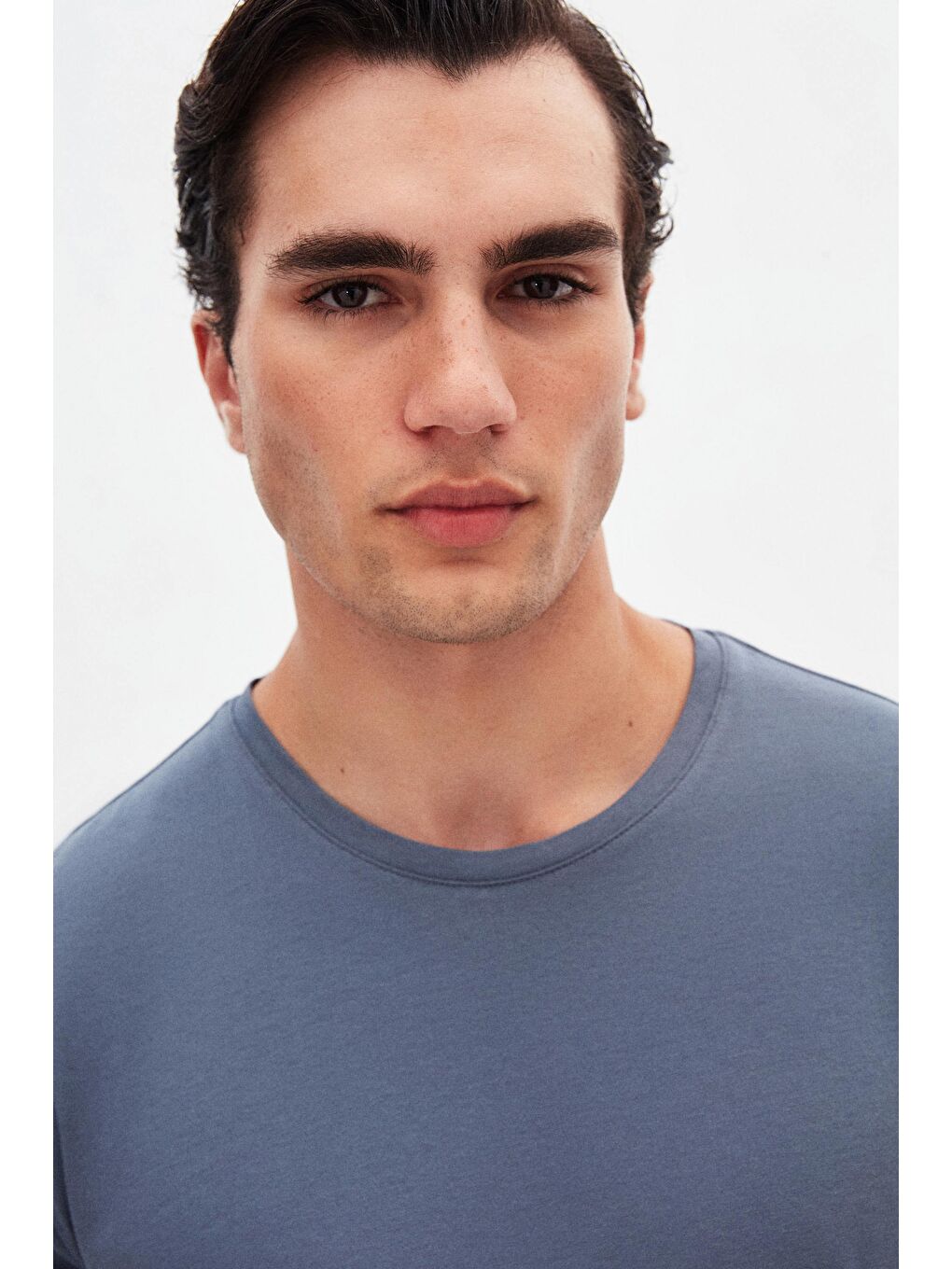 Gri Oversize Füme Bisiklet Yaka %100 Pamuk Tişört-1