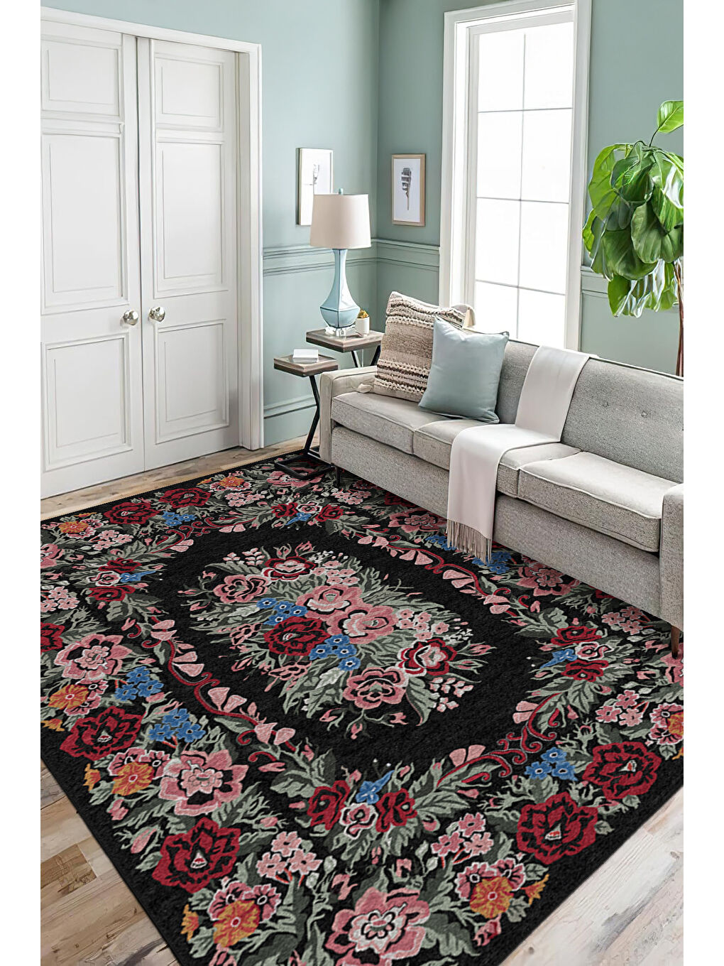 Siyah Dekoratif Özel Tasarım Yıkanabilir İnce Kaymaz Tabanlı Modern Halı KECE FR47-2