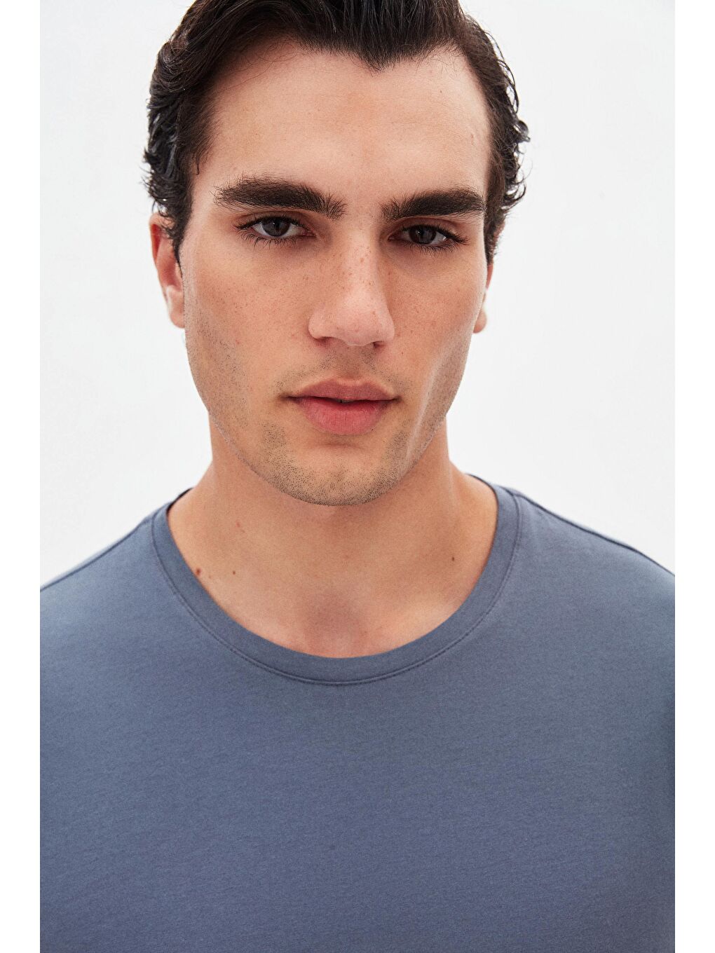 Gri Oversize Füme Bisiklet Yaka %100 Pamuk Tişört-2