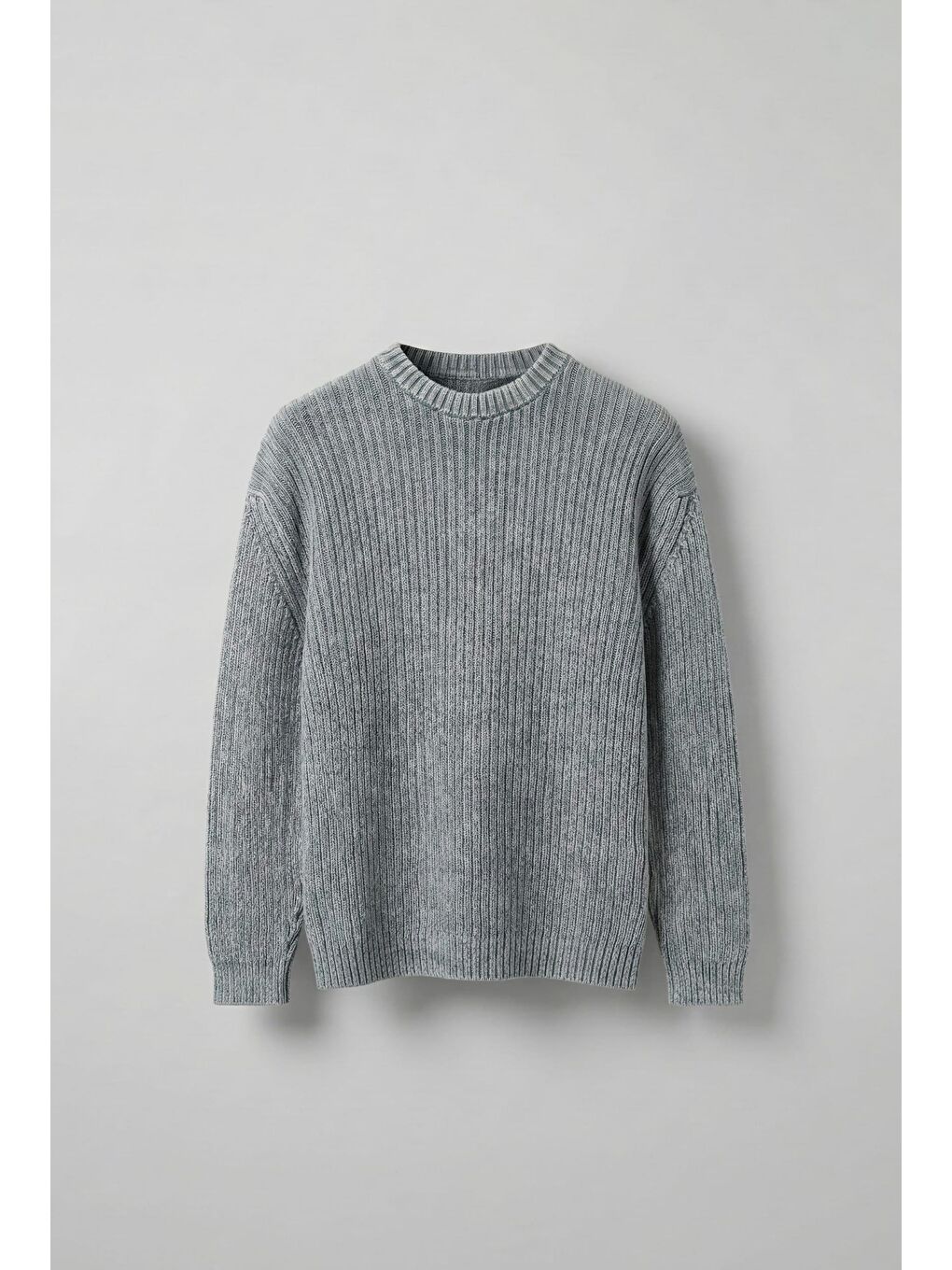 Erkek Oversize Yıkamalı Efektli Basic Kazak Gri