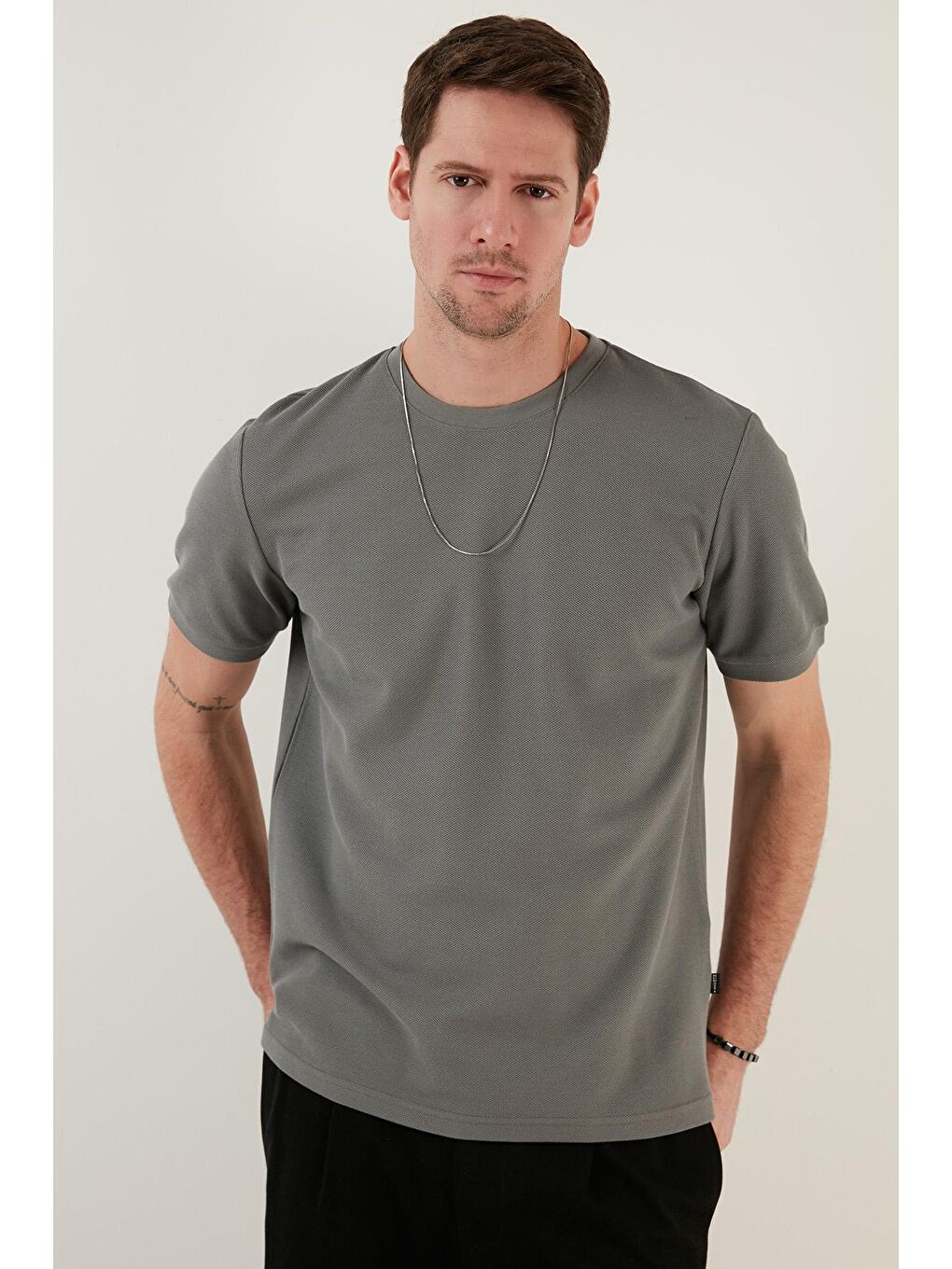 Haki Pamuklu Bisiklet Yaka Basic T Shirt 5902387-3