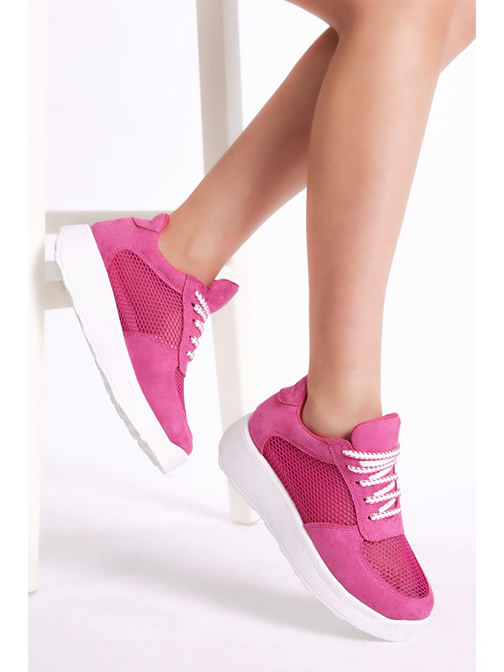Kadın Fuşya Rahat Kalıp Yüksek Taban Nefes Alabilen Kumaş Bağcıklı Sneaker-2