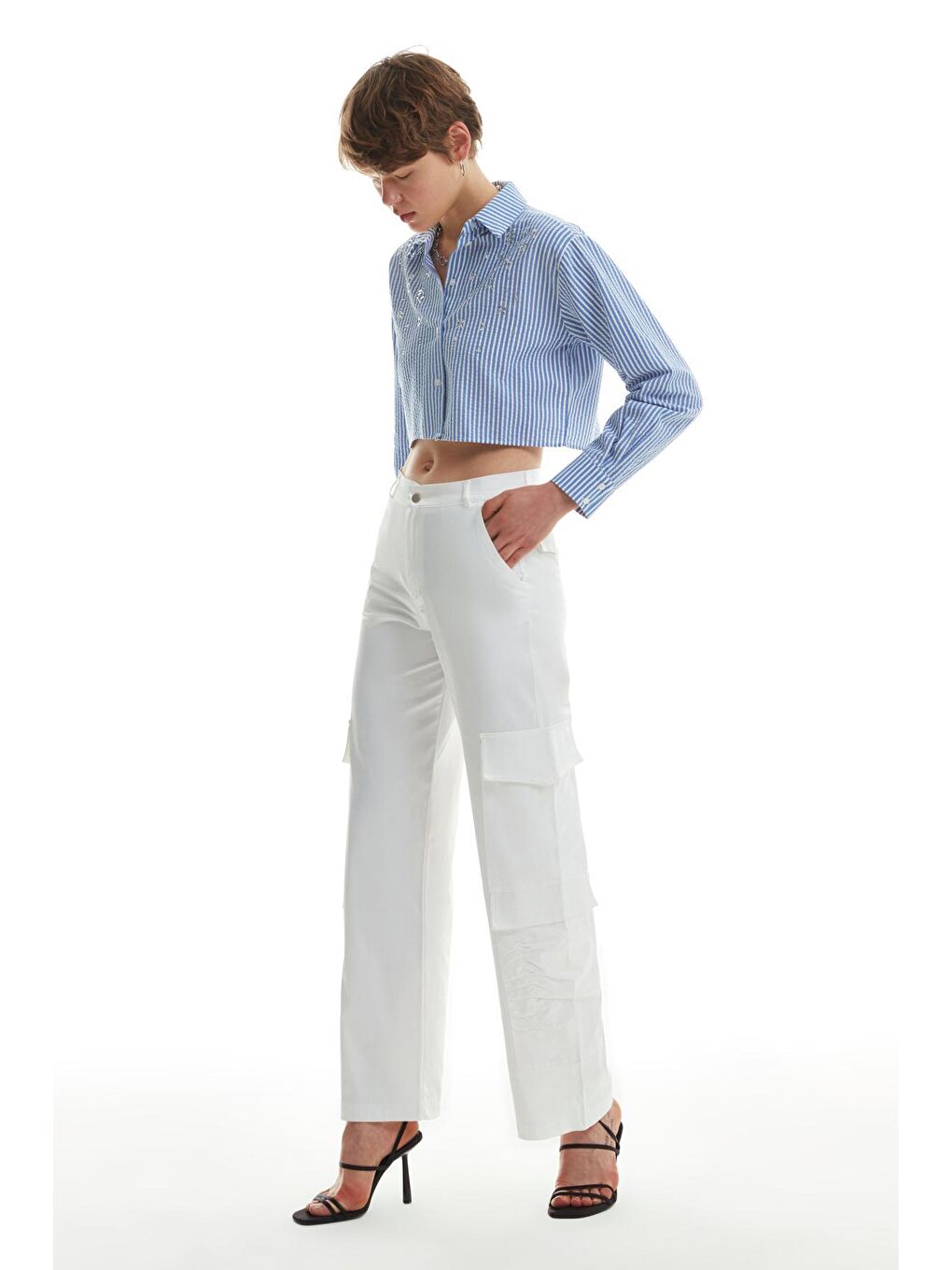 Büzgü Cepli Kargo Pantolon Ekru-2