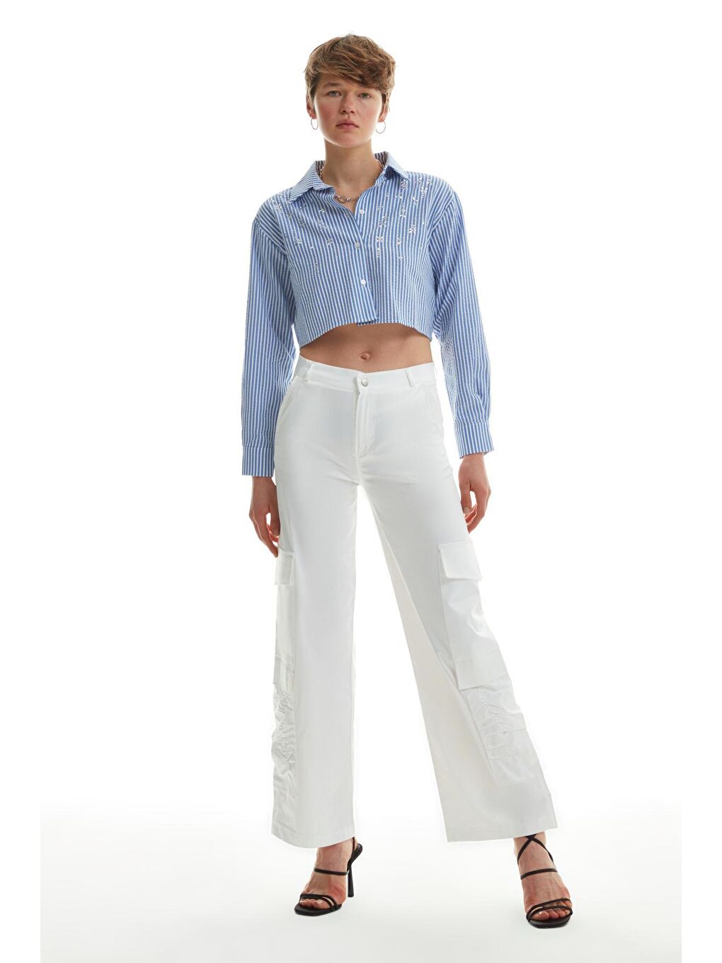 Büzgü Cepli Kargo Pantolon Ekru-3