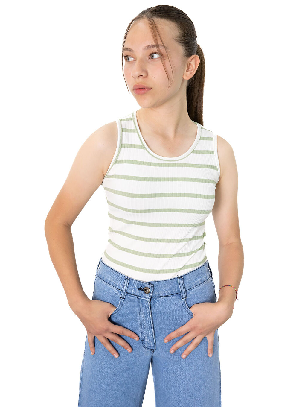 Mavi Geniş Paça Yanları Şeritli Kız Çocuk Jean Pantolon 21124-1