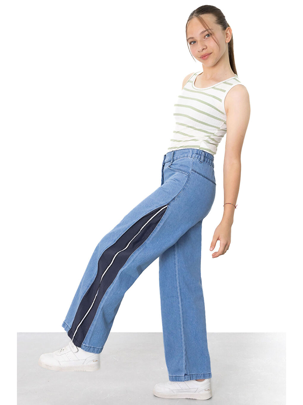 Mavi Geniş Paça Yanları Şeritli Kız Çocuk Jean Pantolon 21124-2