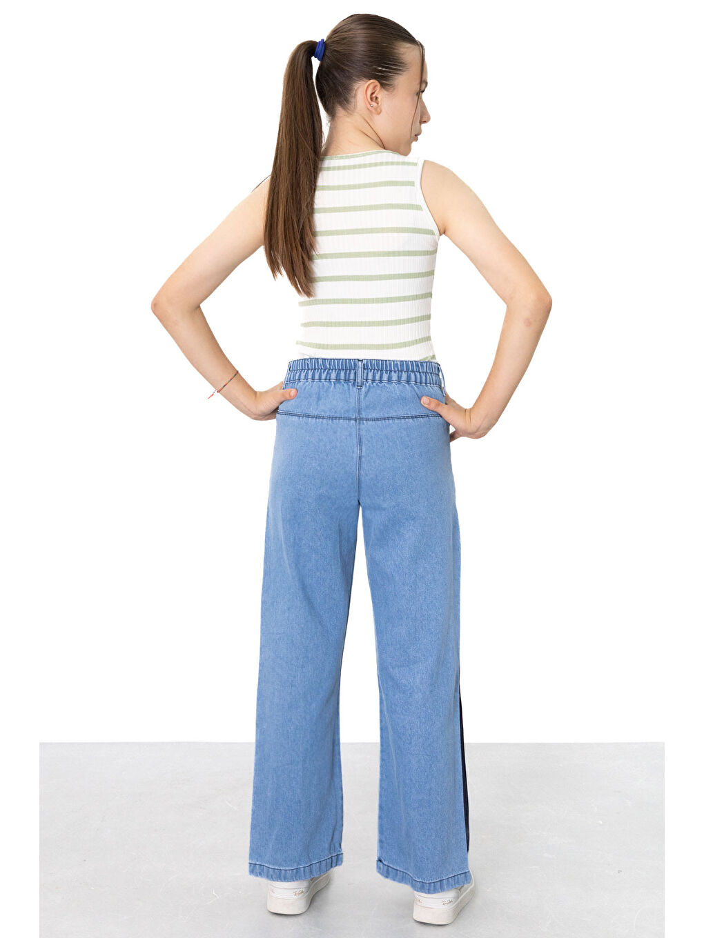 Mavi Geniş Paça Yanları Şeritli Kız Çocuk Jean Pantolon 21124-3