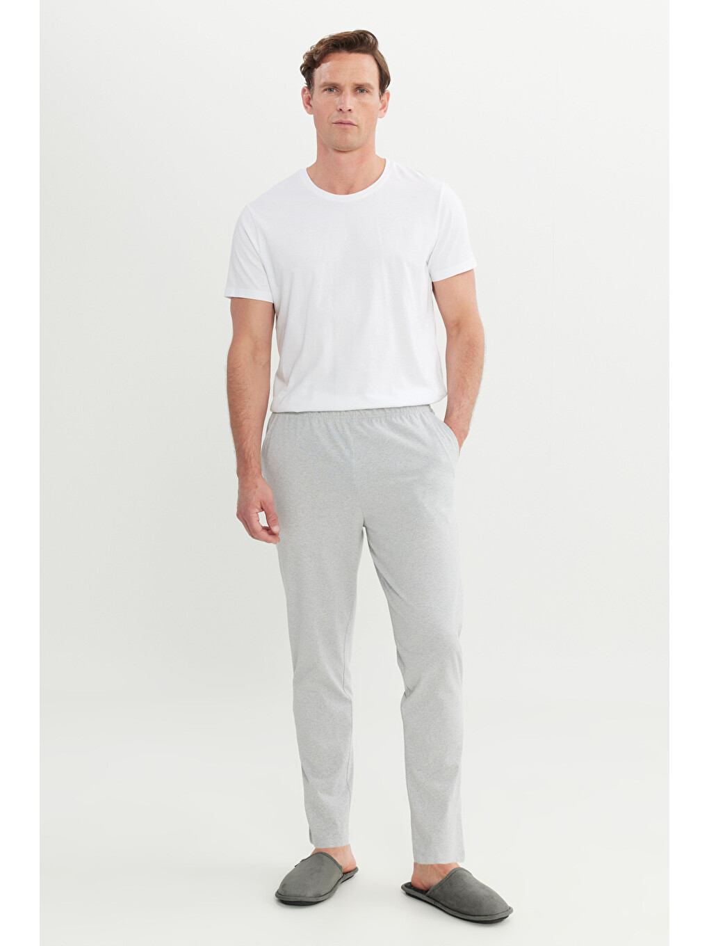 Erkek Gri Melanj Pamuklu Standart Fit Normal Kesim Beli Lastikli Cepli Pijama Altı