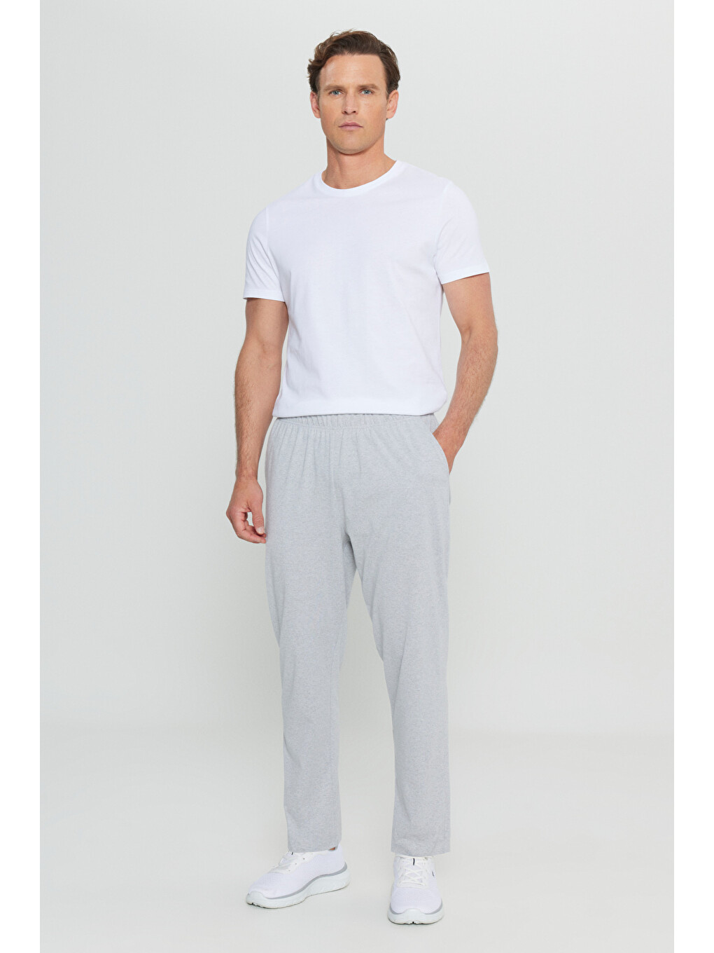 Erkek Gri Melanj Pamuklu Standart Fit Normal Kesim Beli Lastikli Cepli Pijama Altı-1