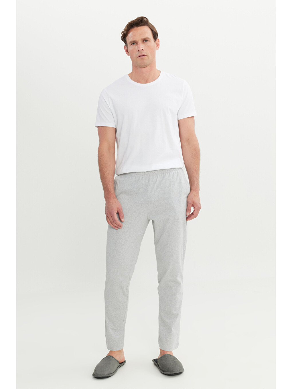 Erkek Gri Melanj Pamuklu Standart Fit Normal Kesim Beli Lastikli Cepli Pijama Altı-2