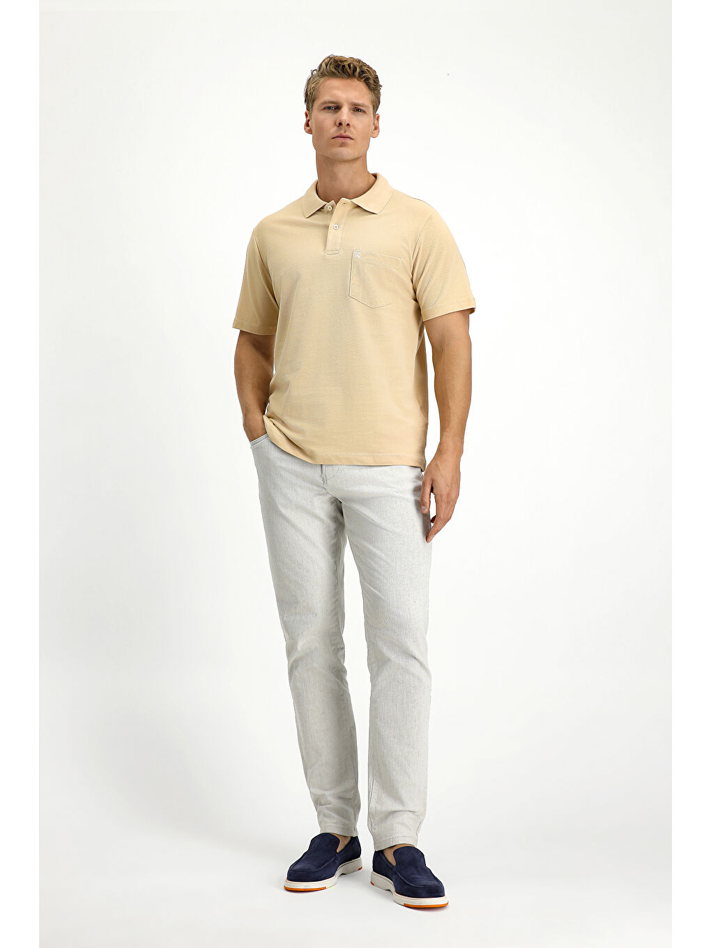 Bej Polo Yaka Regular Fit Nakışlı Pamuk %100 Pamuk Tişört-2