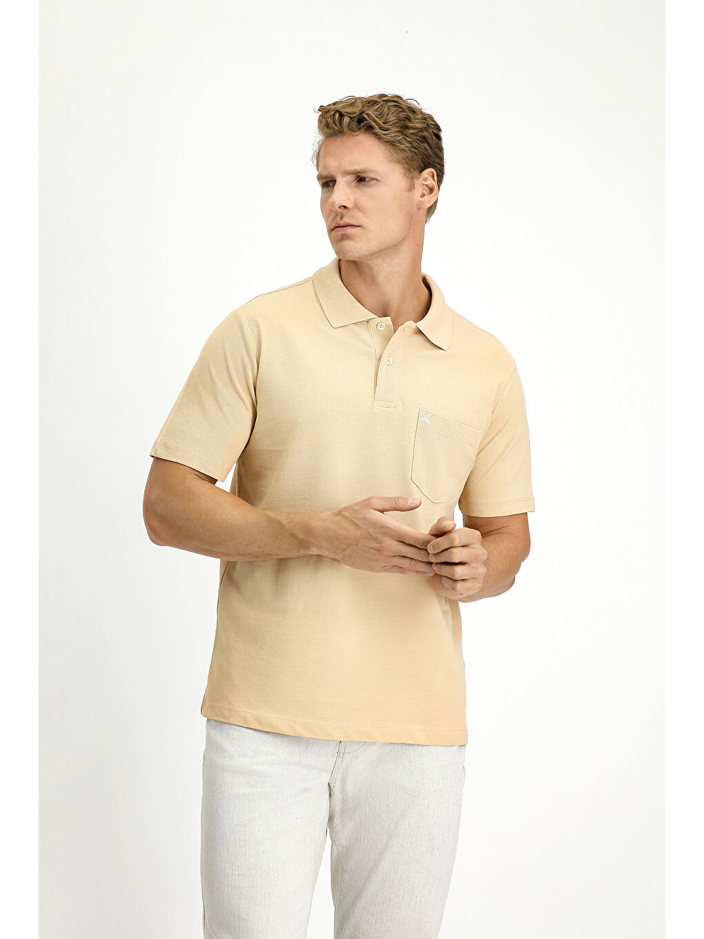 Bej Polo Yaka Regular Fit Nakışlı Pamuk %100 Pamuk Tişört-3