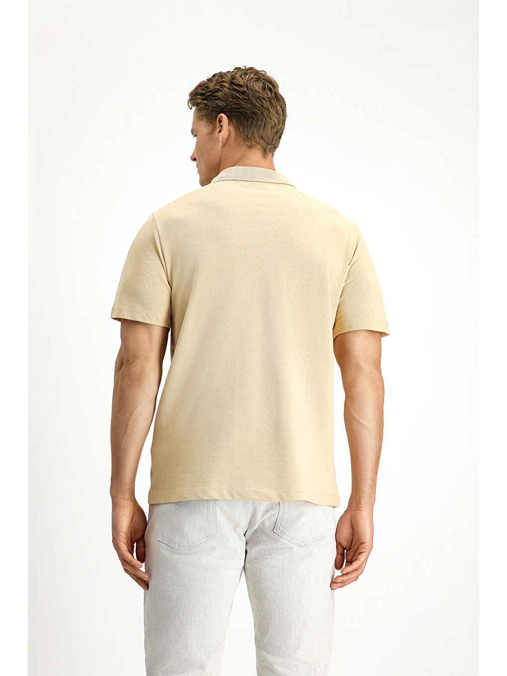 Bej Polo Yaka Regular Fit Nakışlı Pamuk %100 Pamuk Tişört-4