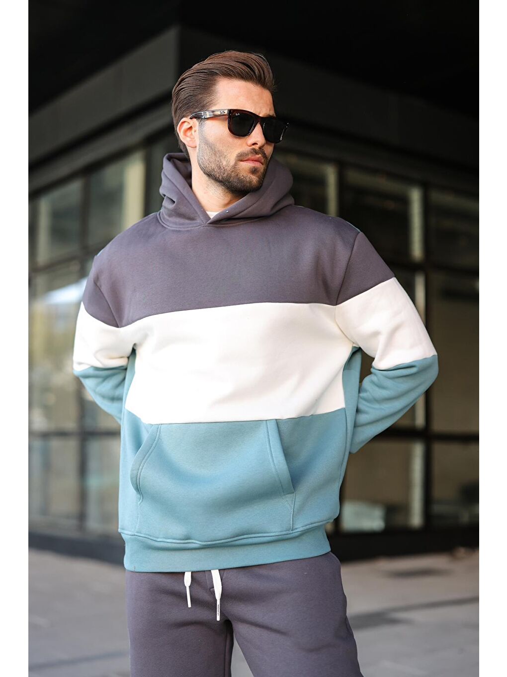 Gri Füme Kapüşonlu Erkek Eşofman Takımı 5926-1