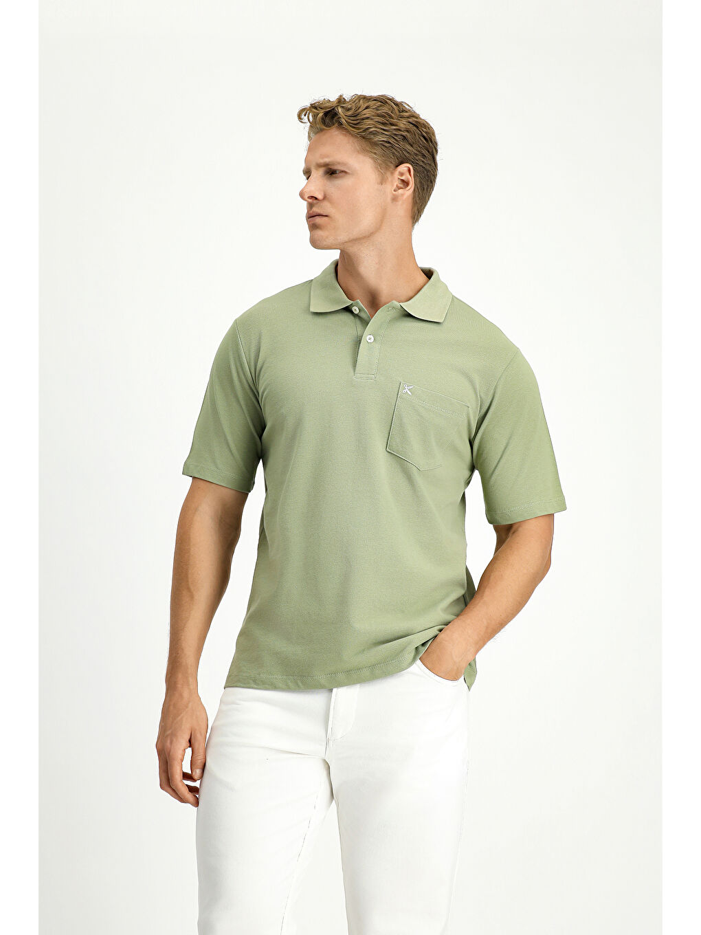 Yeşil Polo Yaka Regular Fit Nakışlı Pamuk %100 Pamuk Tişört-2