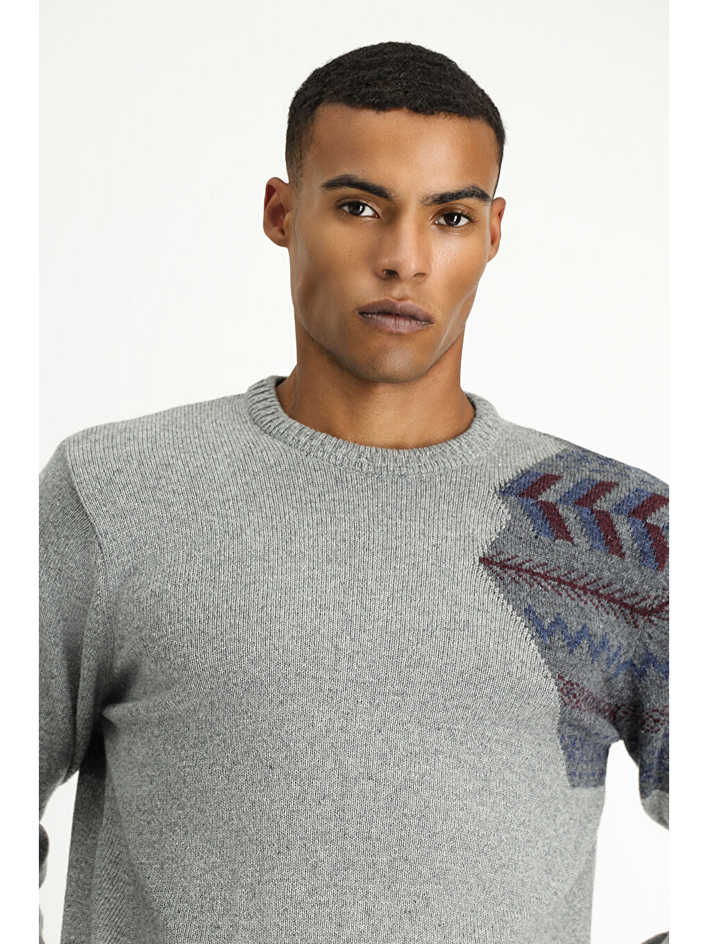 Gri Bisiklet Yaka Desenli Yünlü Slim Fit Dar Kesim Triko Kazak-3