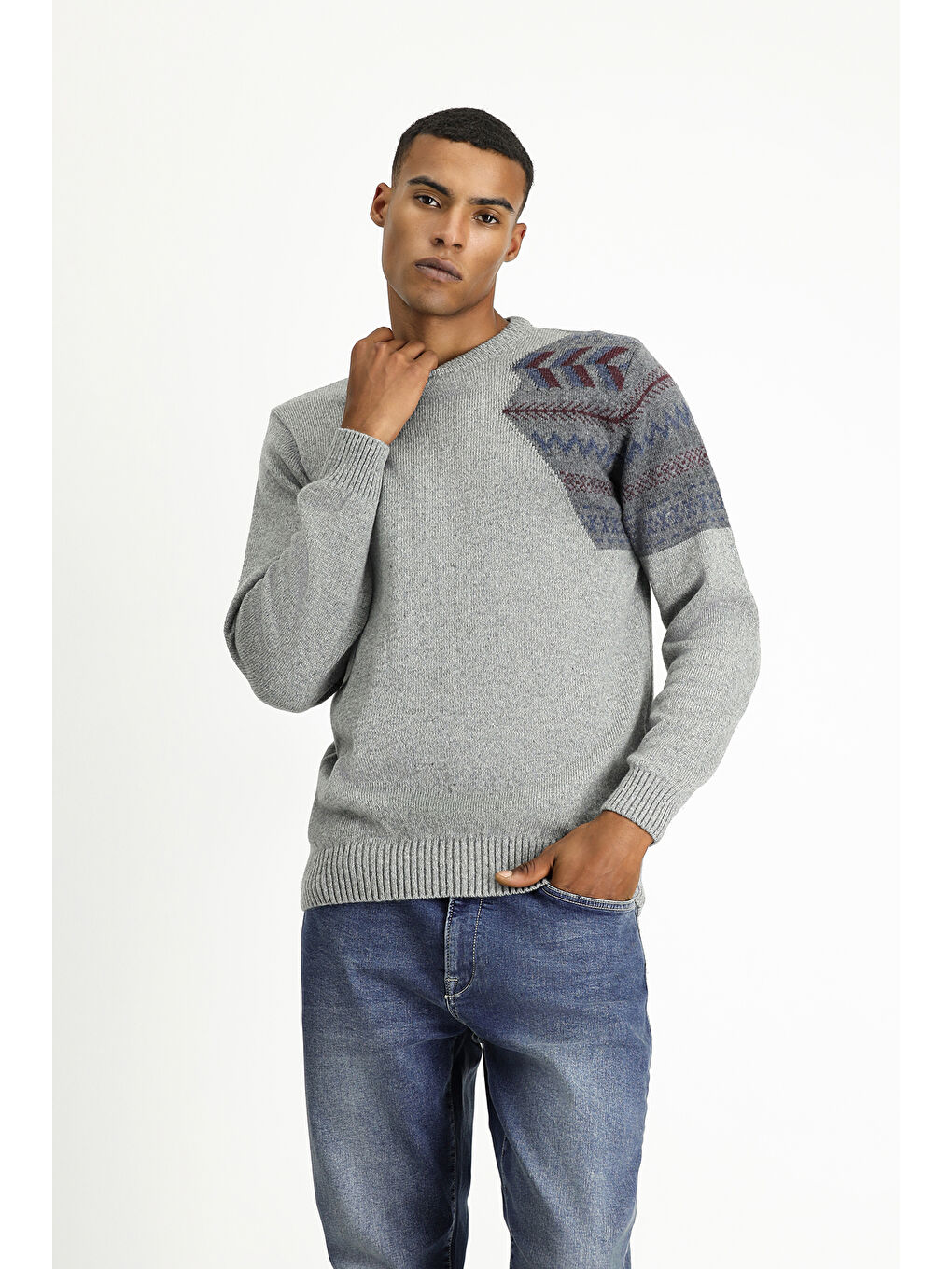 Gri Bisiklet Yaka Desenli Yünlü Slim Fit Dar Kesim Triko Kazak-4