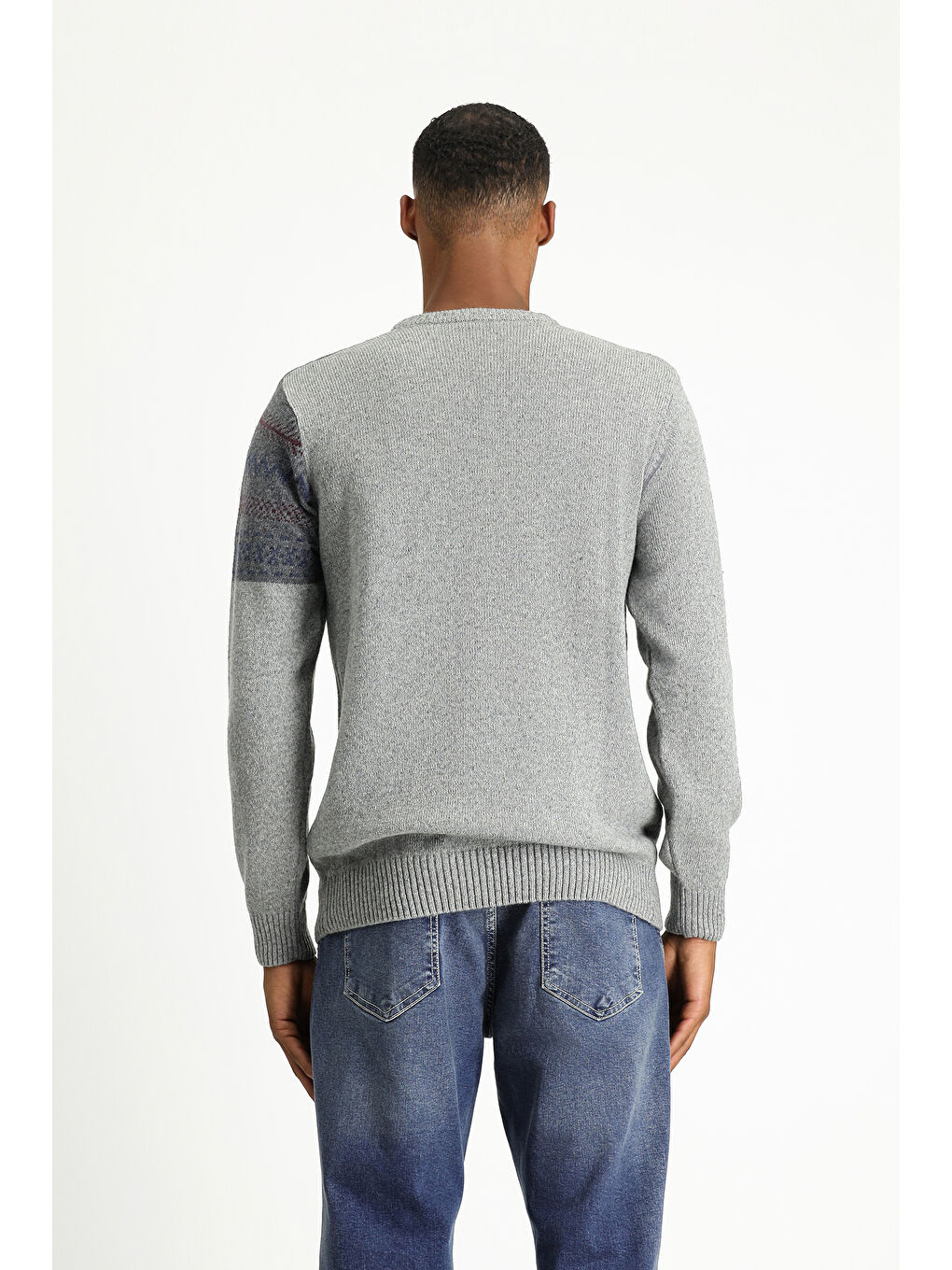 Gri Bisiklet Yaka Desenli Yünlü Slim Fit Dar Kesim Triko Kazak-5