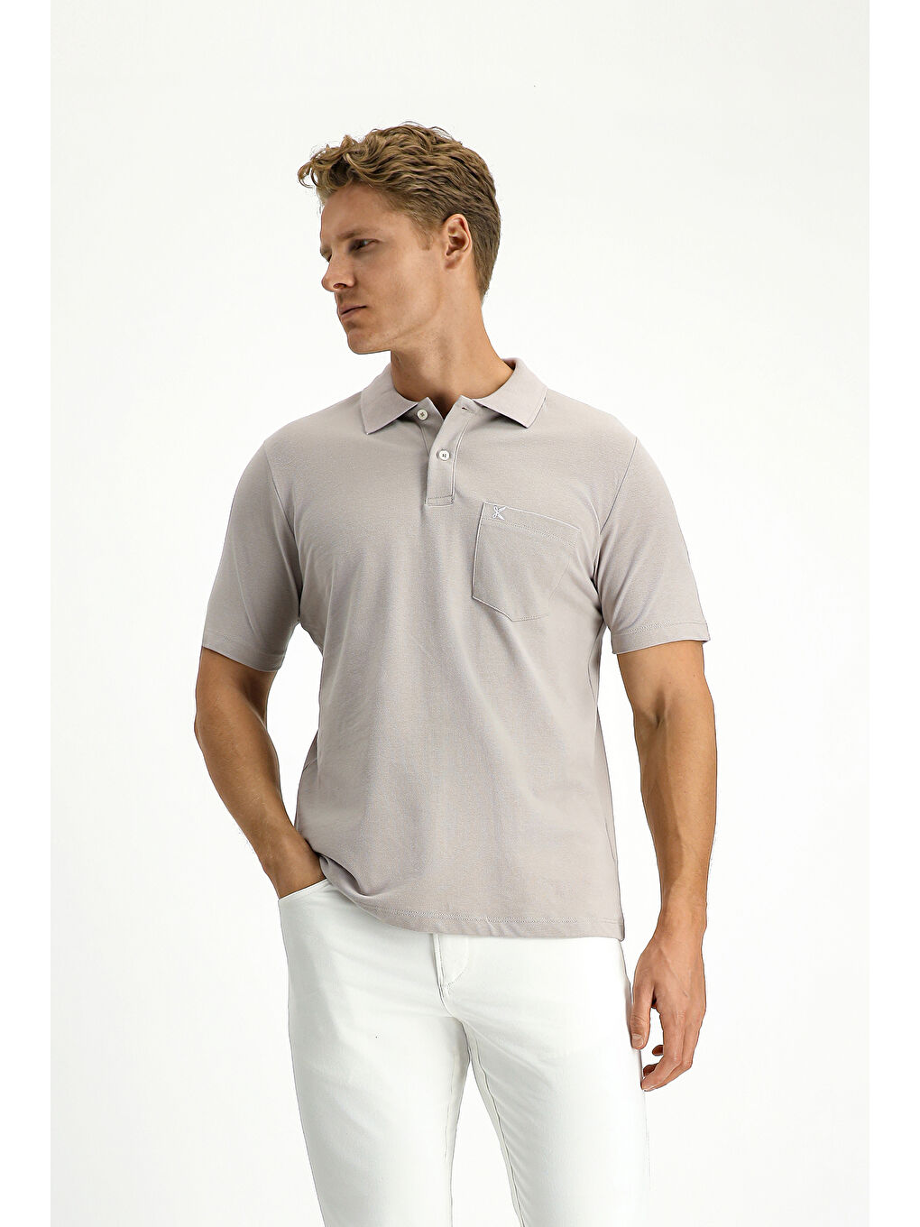 Gri Polo Yaka Regular Fit Nakışlı Pamuk %100 Pamuk Tişört-2