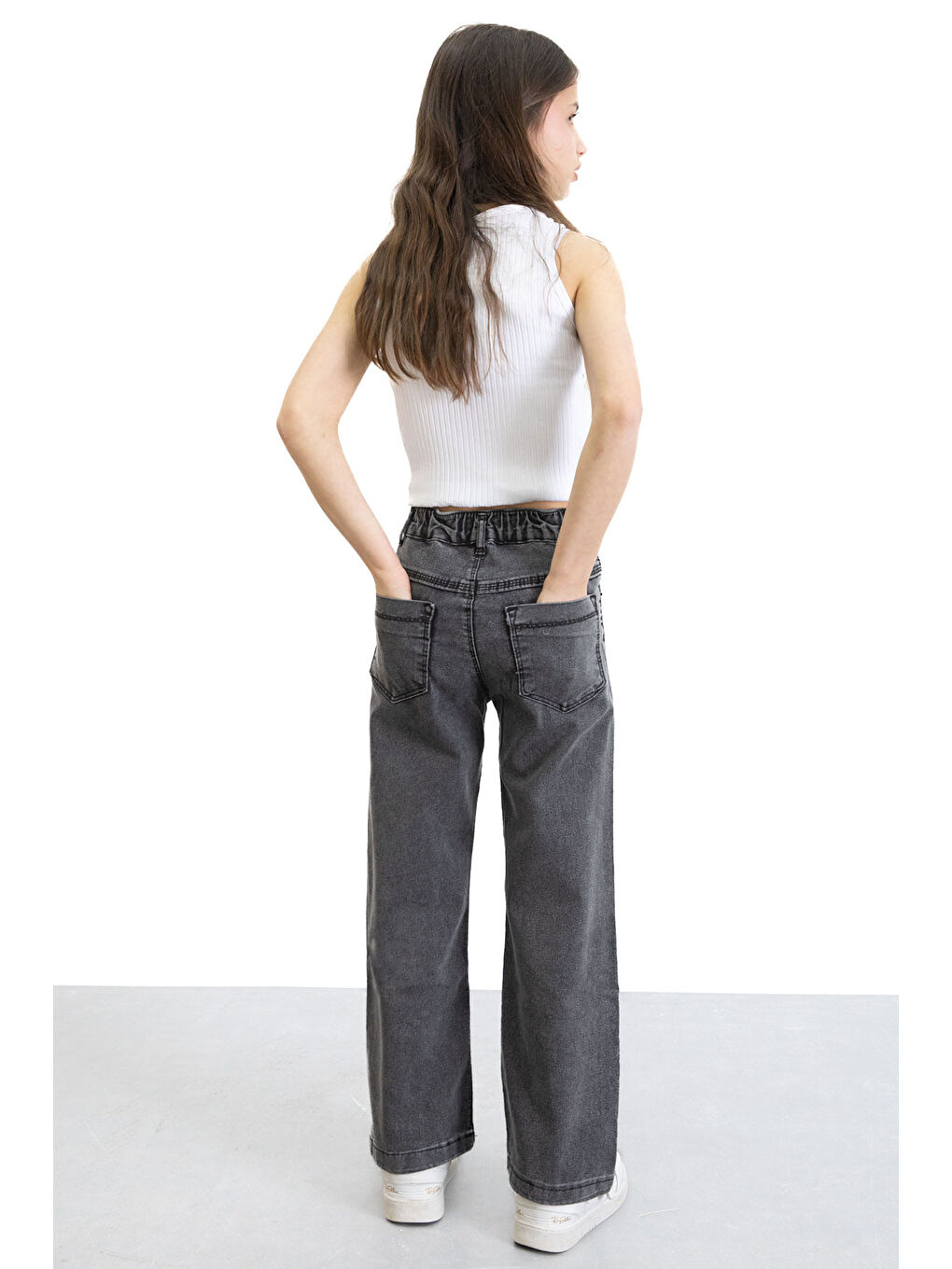 Siyah Beli Lastikli Geniş Paça Kız Çocuk Payetli Jean Pantolon 20771-2