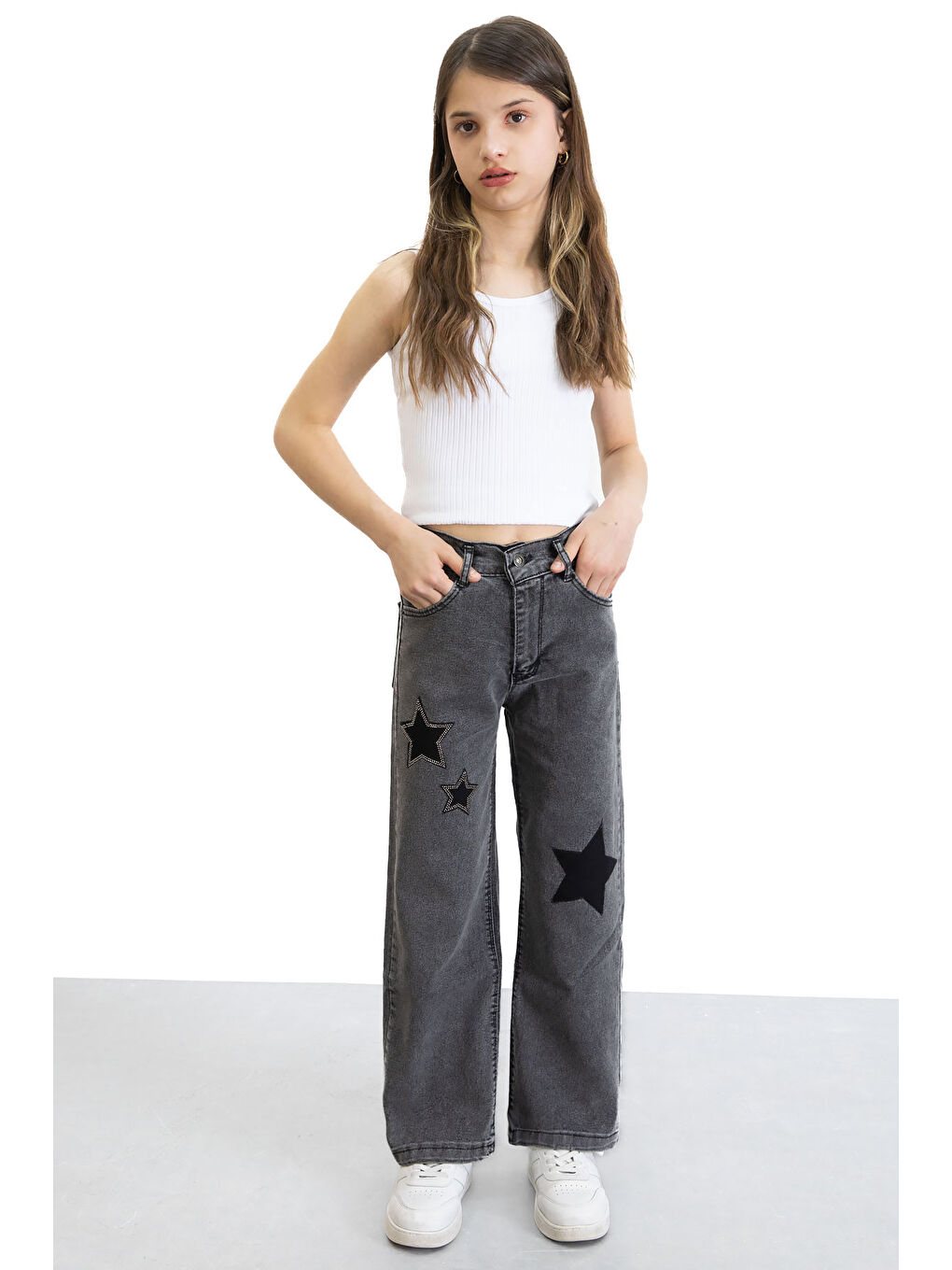 Siyah Beli Lastikli Geniş Paça Kız Çocuk Payetli Jean Pantolon 20771-3