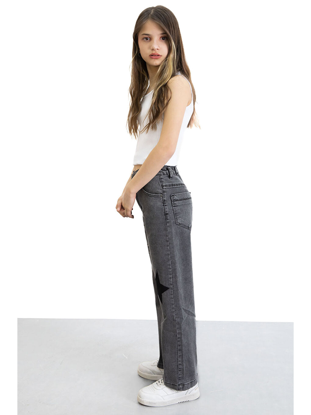 Siyah Beli Lastikli Geniş Paça Kız Çocuk Payetli Jean Pantolon 20771-4