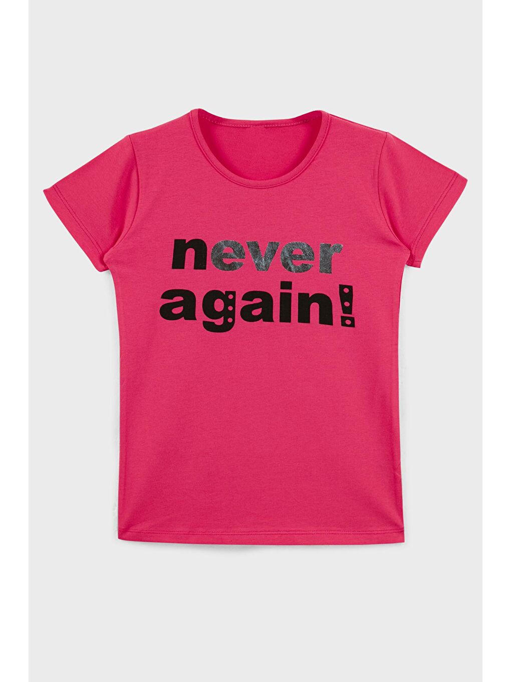 Fuşya Yazı Baskılı Bisiklet Yaka Pamuklu T Shirt 5922613