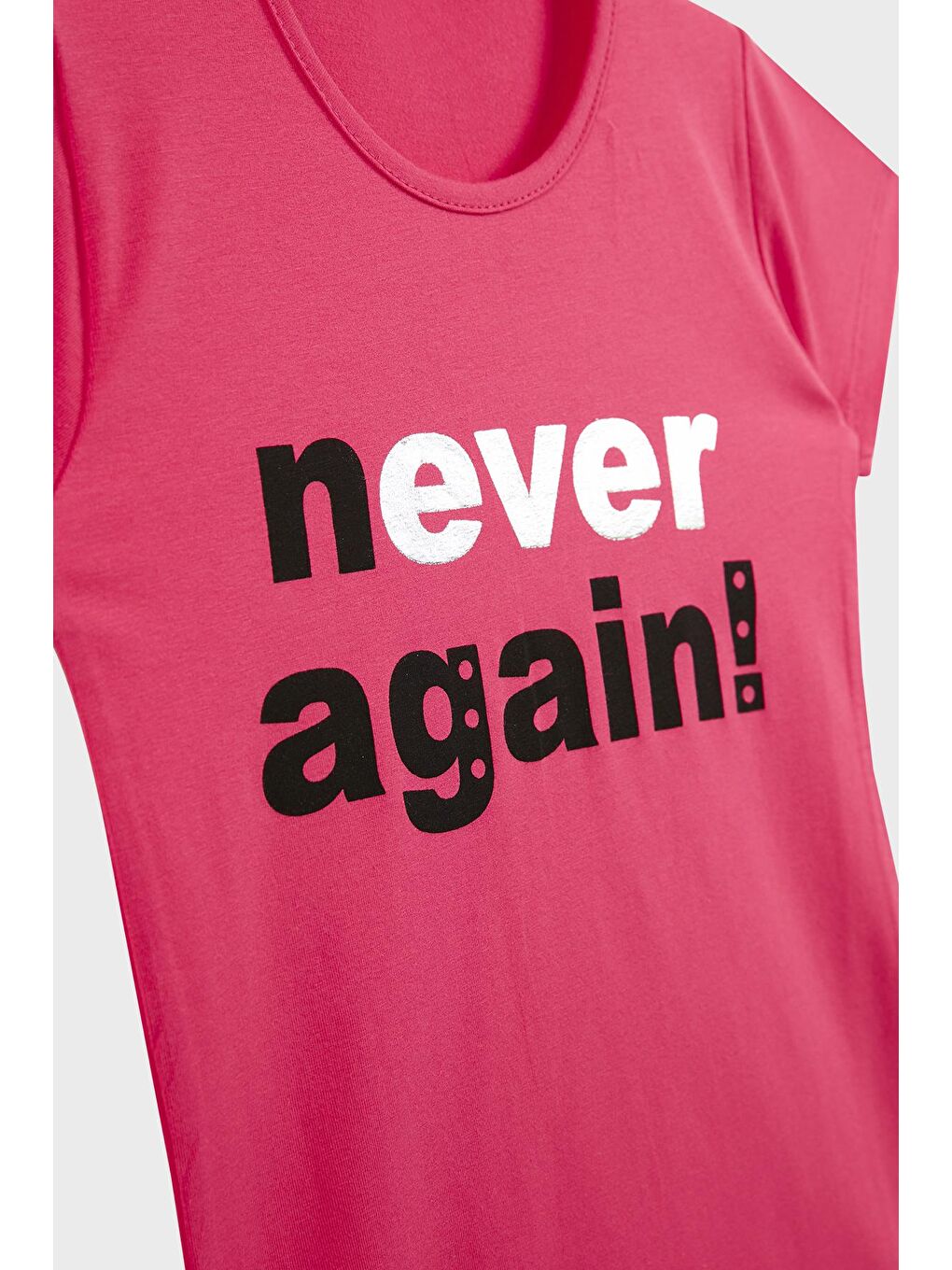 Fuşya Yazı Baskılı Bisiklet Yaka Pamuklu T Shirt 5922613-2