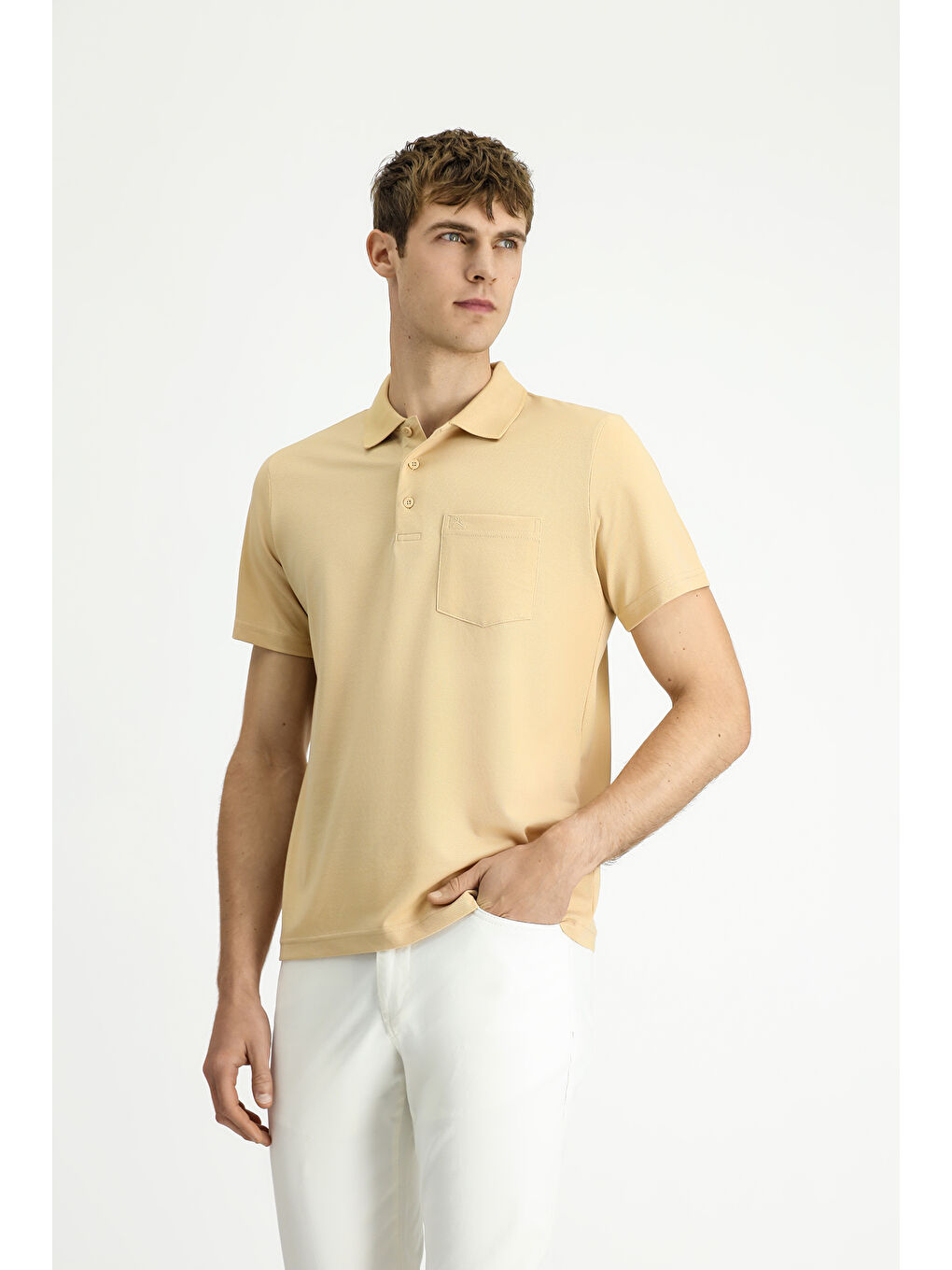 Bej Regular Fit Pamuklu Nakışlı Cepli Polo Yaka Tişört-3