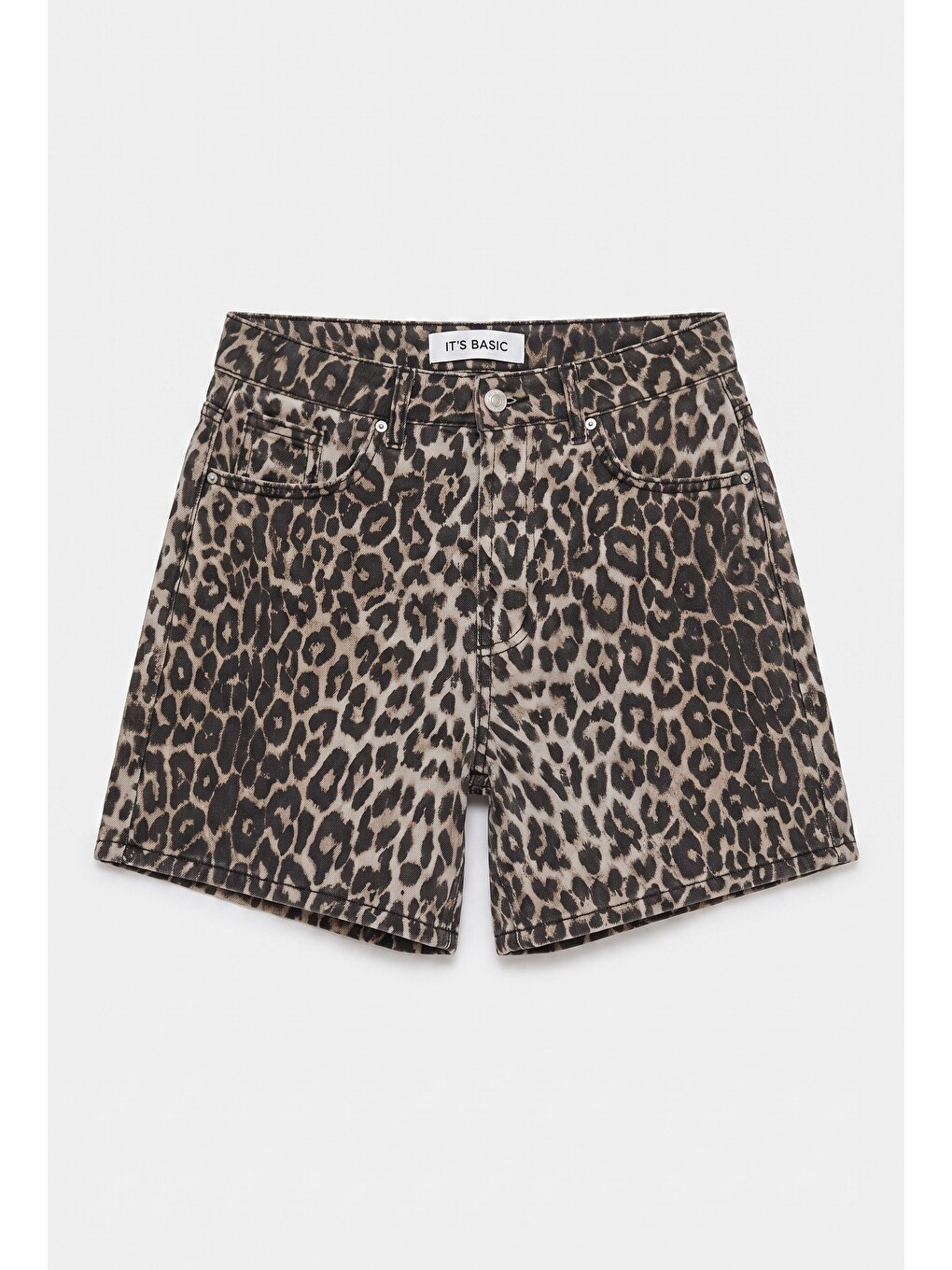 Kahverengi Kadın Leopar 1w6-26 Midi Relax Fit Denim Şort-4