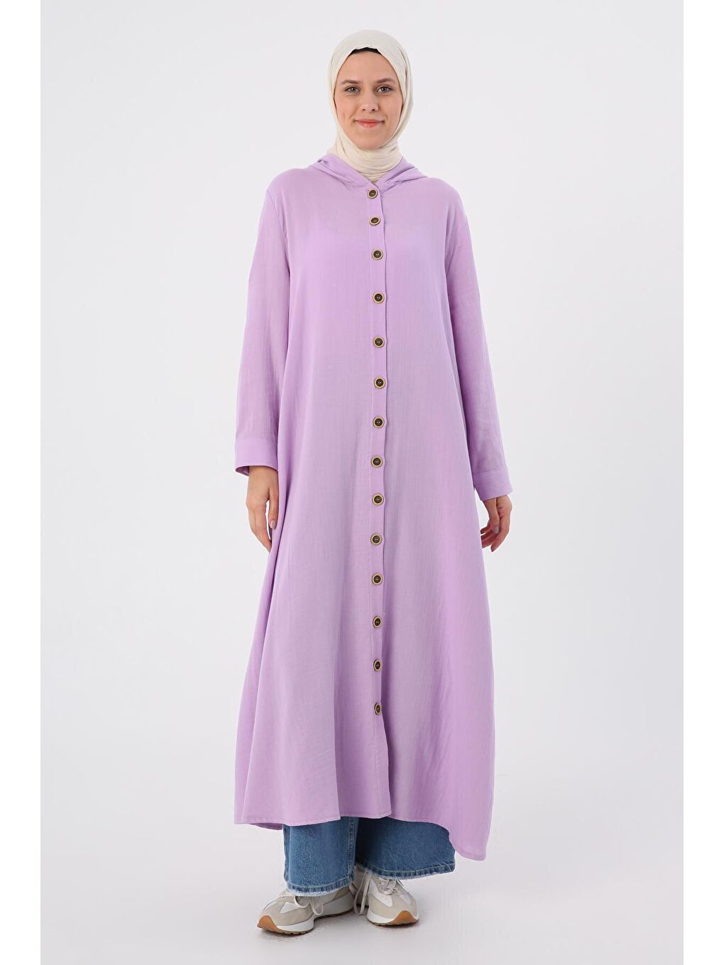 Koyu Lila %100 Pamuk Kapüşonlu Arkadan Pileli Elbise-1