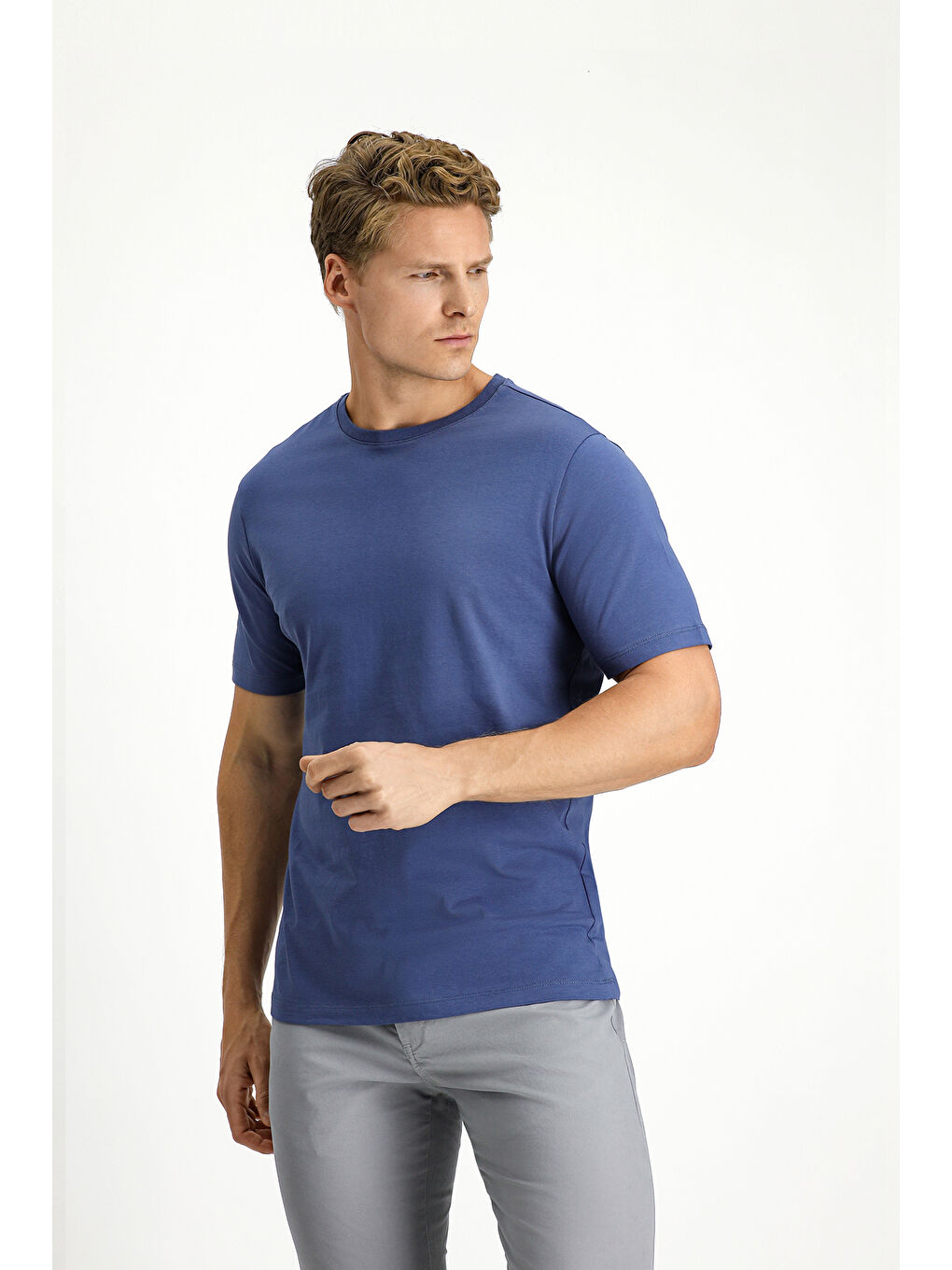 İndigo Bisiklet Yaka Slim Fit Dar Kesim Süprem Pamuk %100 Pamuk Tişört-2