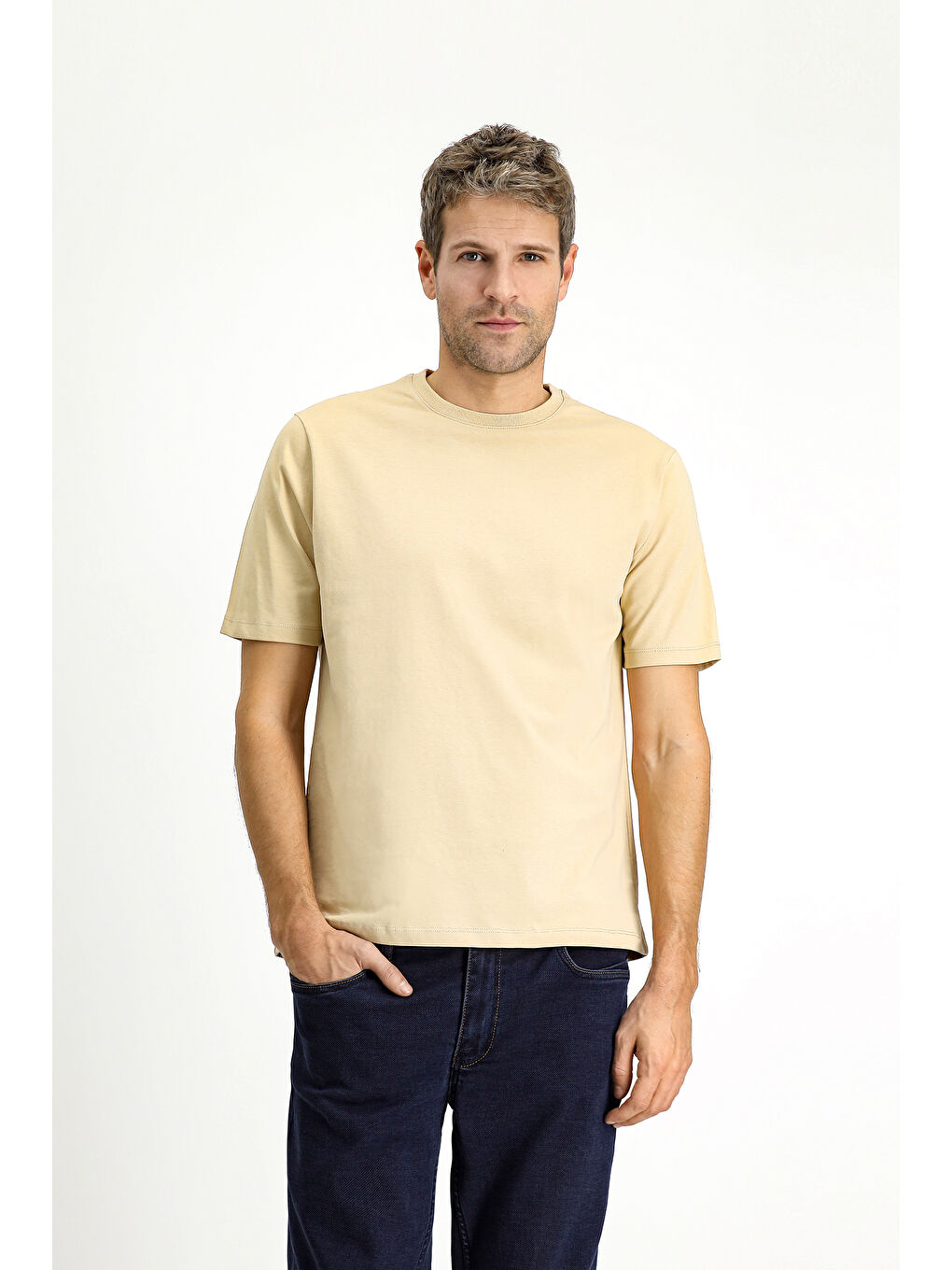 Bej Bisiklet Yaka Regular Fit Süprem Pamuk %100 Pamuk Tişört-2