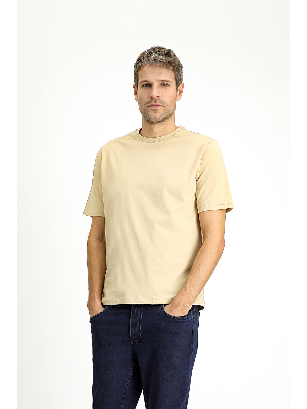 Bej Bisiklet Yaka Regular Fit Süprem Pamuk %100 Pamuk Tişört-3