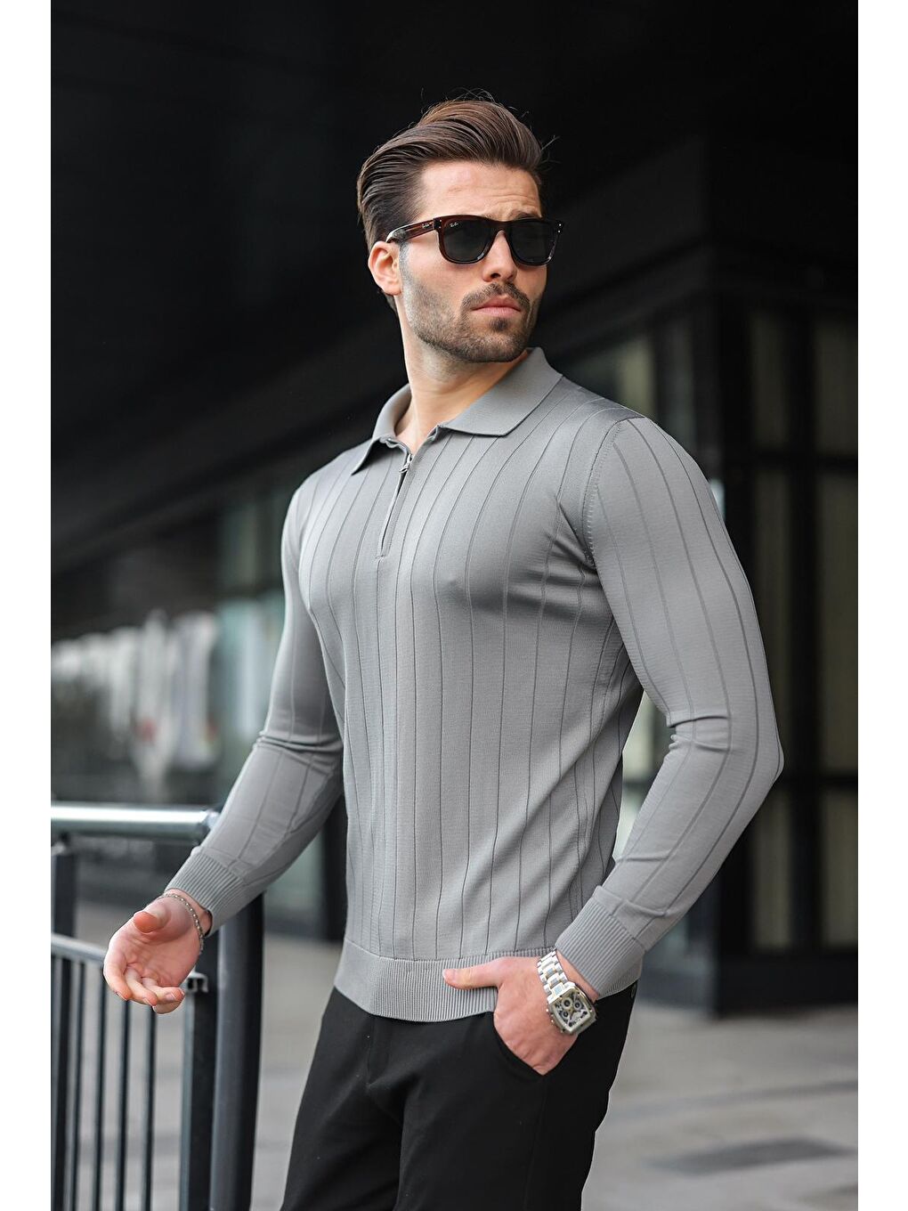 Antrasit Polo Yaka Fermuarlı Örme Kazak