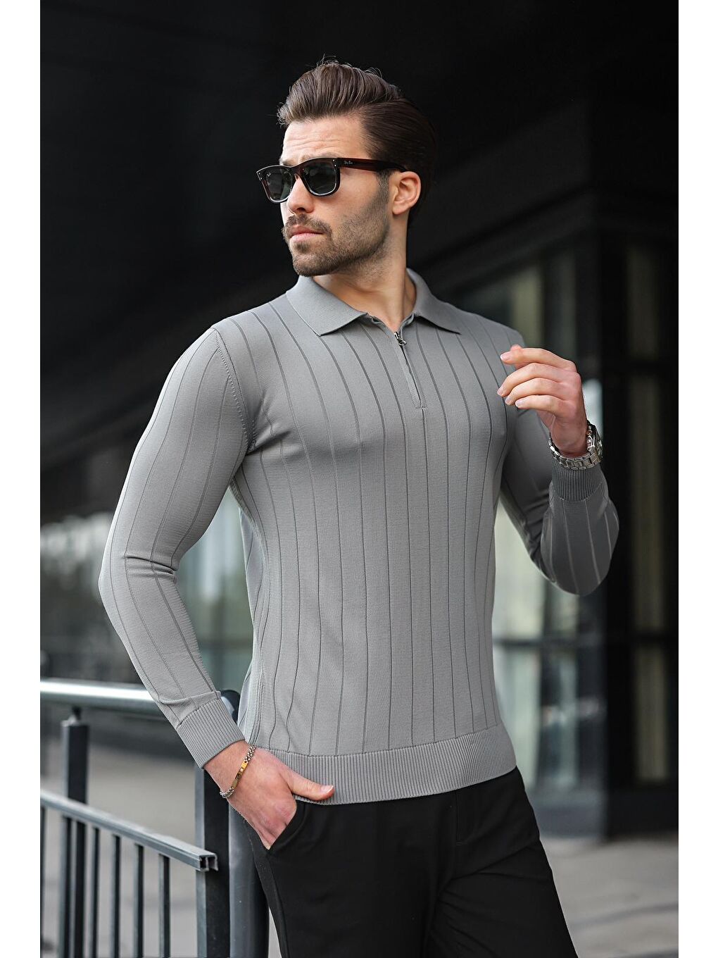 Antrasit Polo Yaka Fermuarlı Örme Kazak-1