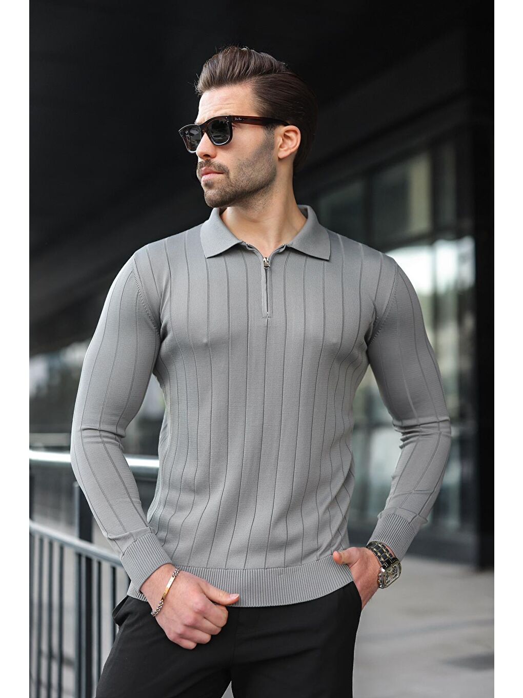 Antrasit Polo Yaka Fermuarlı Örme Kazak-2