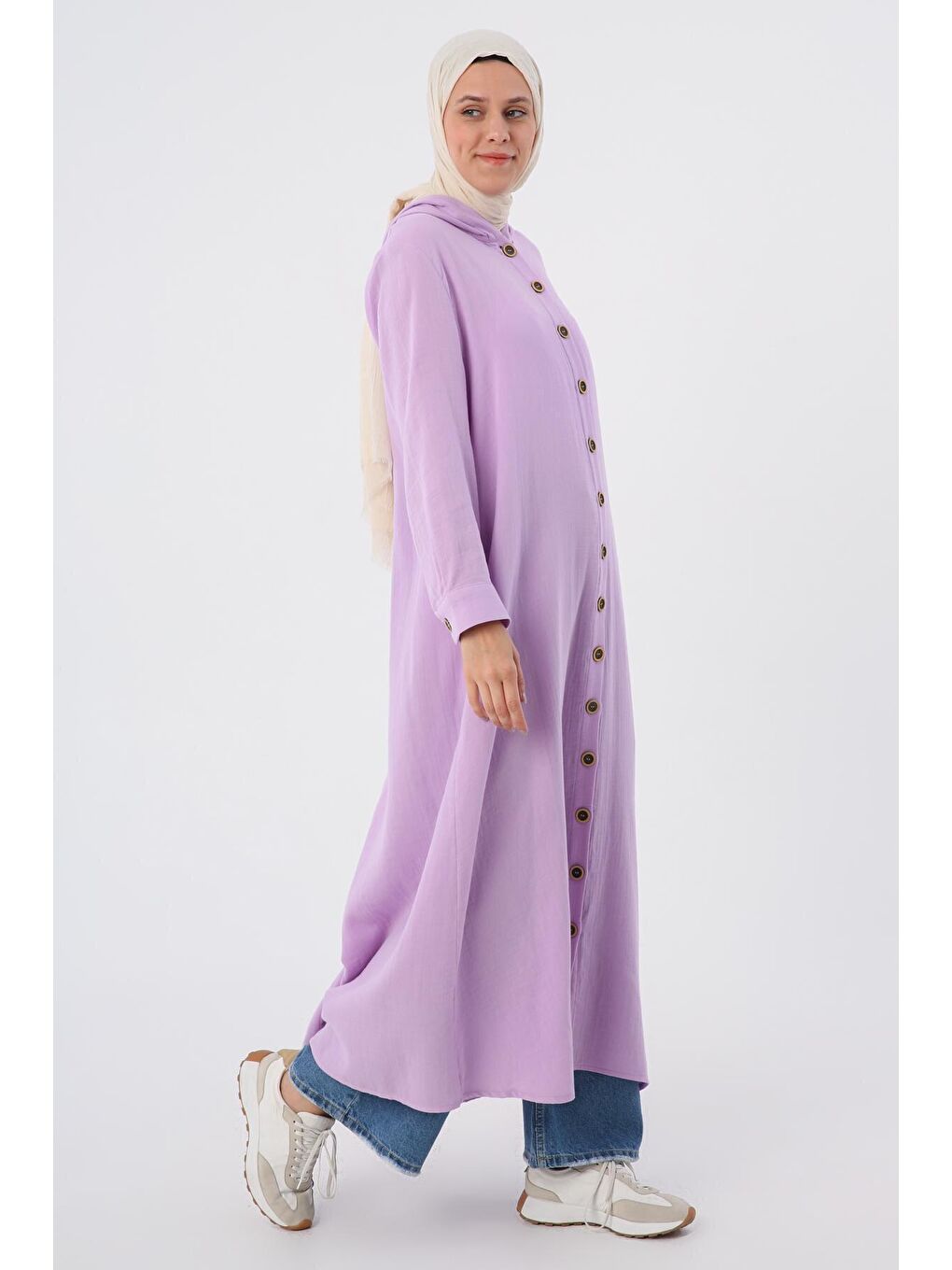 Koyu Lila %100 Pamuk Kapüşonlu Arkadan Pileli Elbise-2