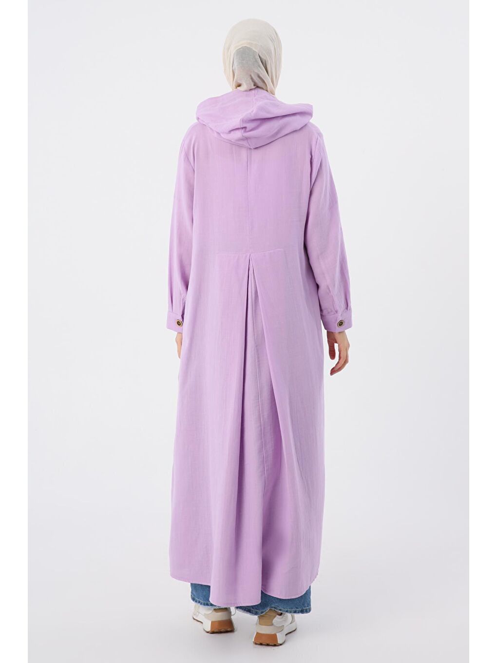Koyu Lila %100 Pamuk Kapüşonlu Arkadan Pileli Elbise-3