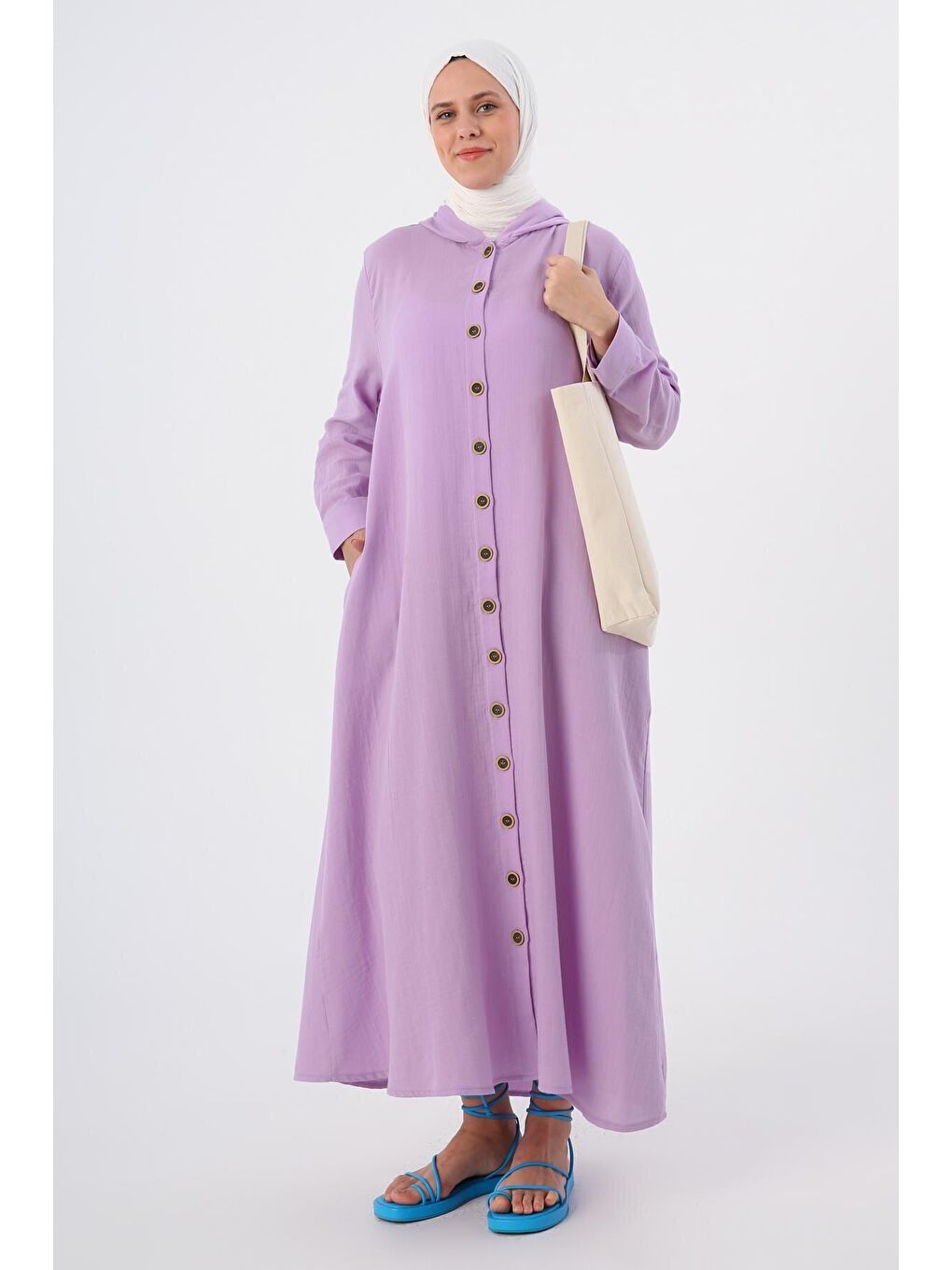 Koyu Lila %100 Pamuk Kapüşonlu Arkadan Pileli Elbise-4