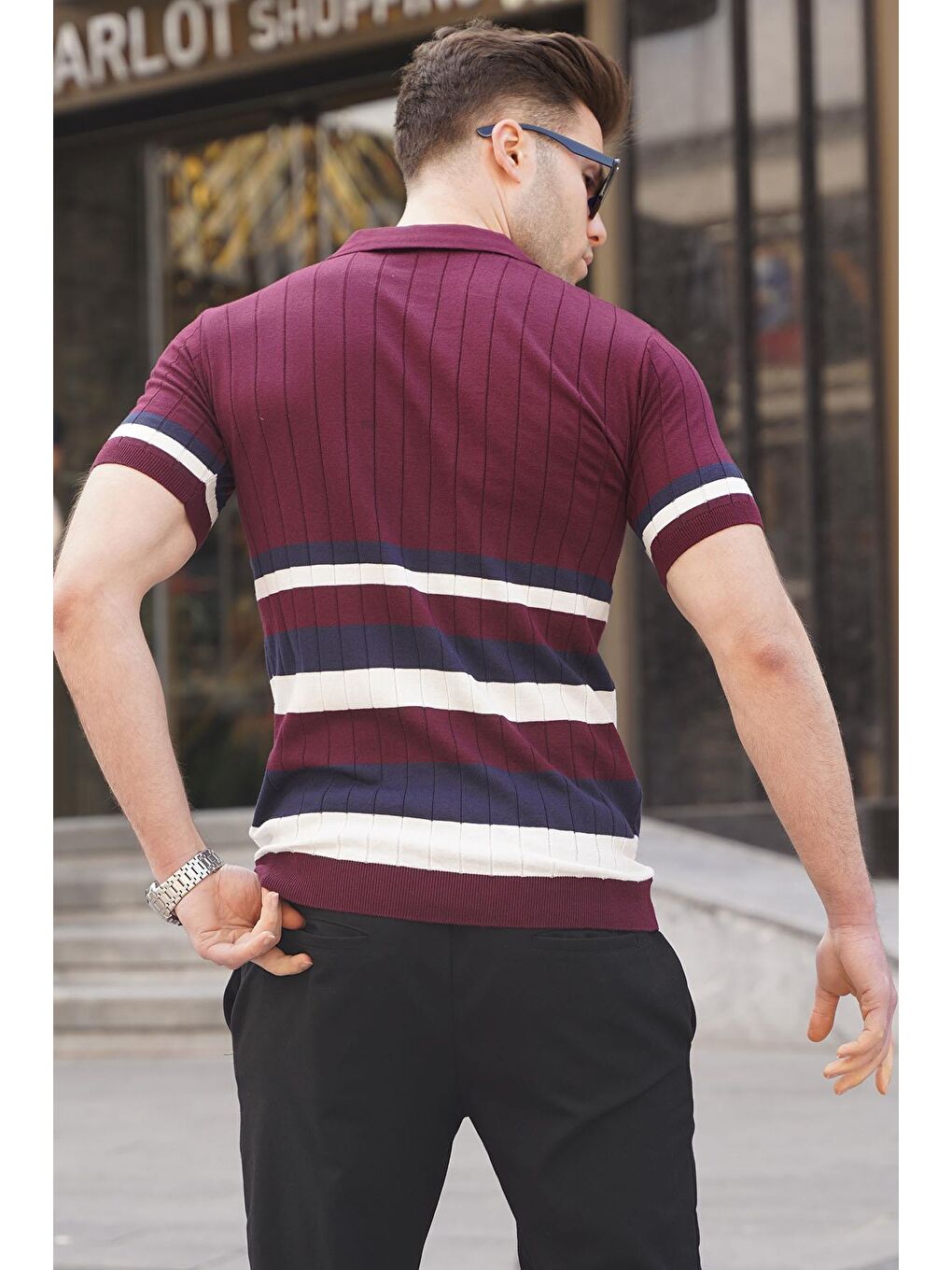 Çizgili Triko Mürdüm Polo Yaka Tişört 6356-1