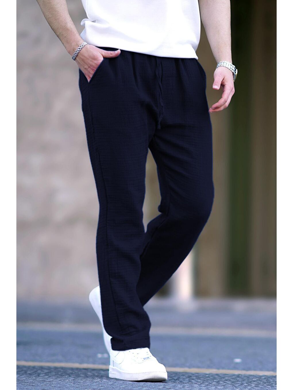 Lacivert M&#252;slin Kumaş Erkek Basic %100 Pamuk Pantolon 6507